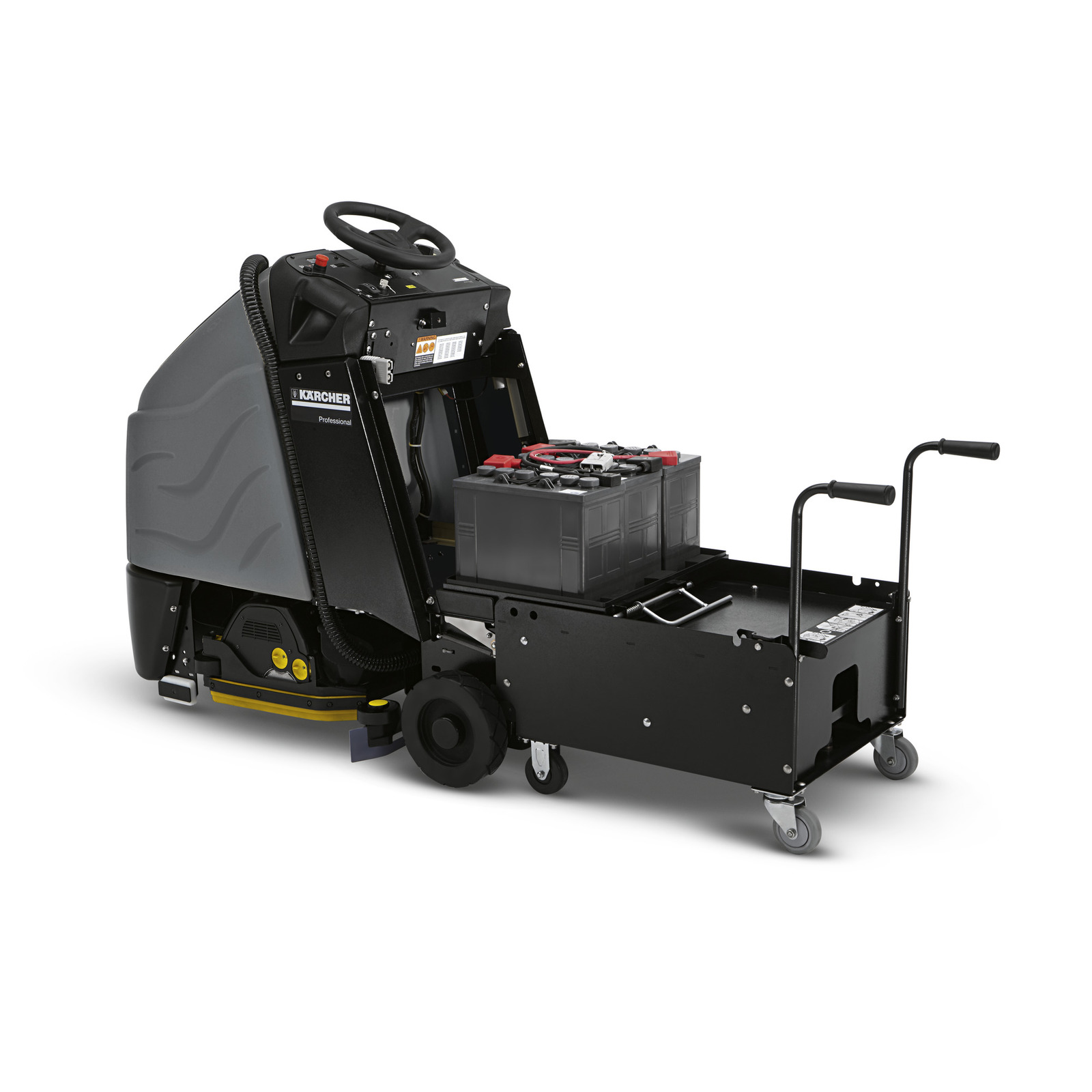 Kärcher professional floor scrubber with a removable battery compartment on a wheeled trolley.