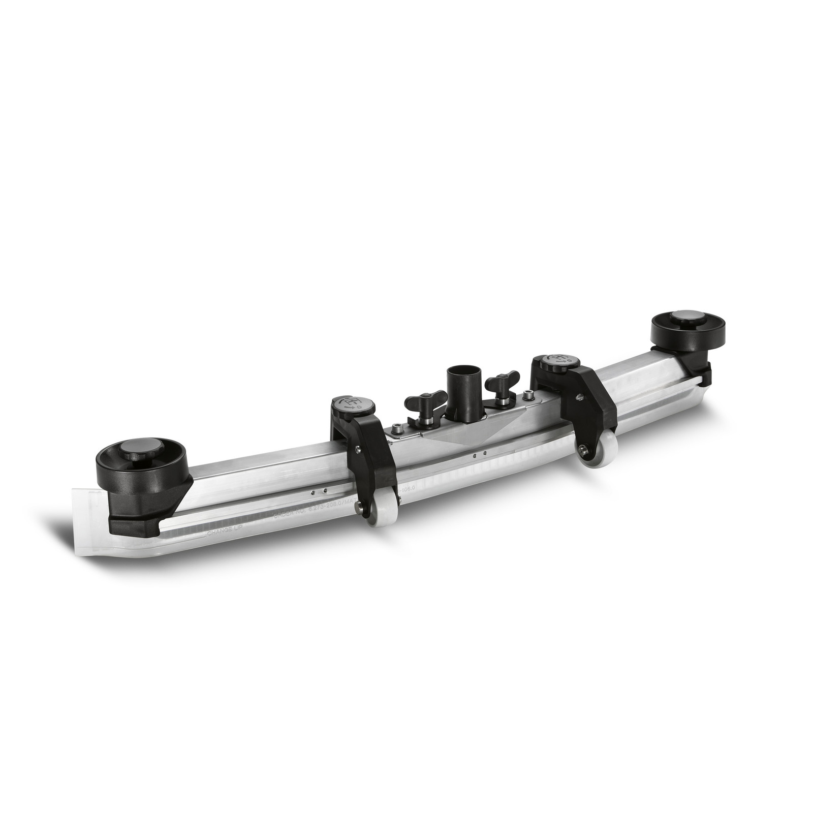 Kärcher aluminium spray bar with two black wheels and adjustable knobs, isolated on a white background. Kärcher aluminium spray bar with two black wheels and adjustable knobs, isolated on a white background.