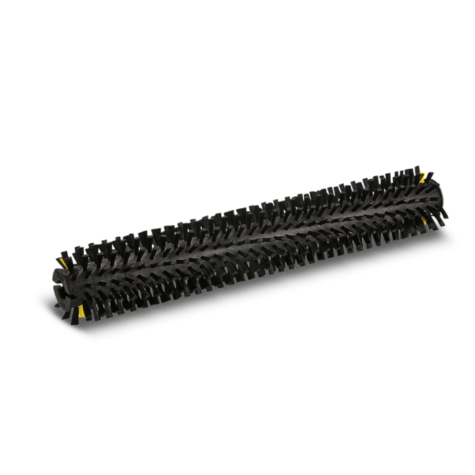Black cylindrical brush with dense bristles and yellow accents, designed for cleaning purposes, isolated on a white background.