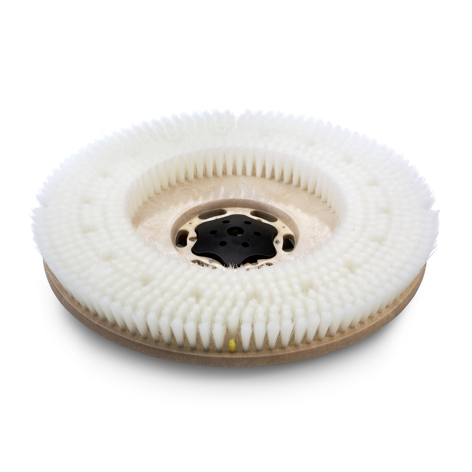 Circular white scrubbing brush with dense bristles, mounted on a beige base with a black central attachment. Circular white scrubbing brush with dense bristles, mounted on a beige base with a black central attachment.