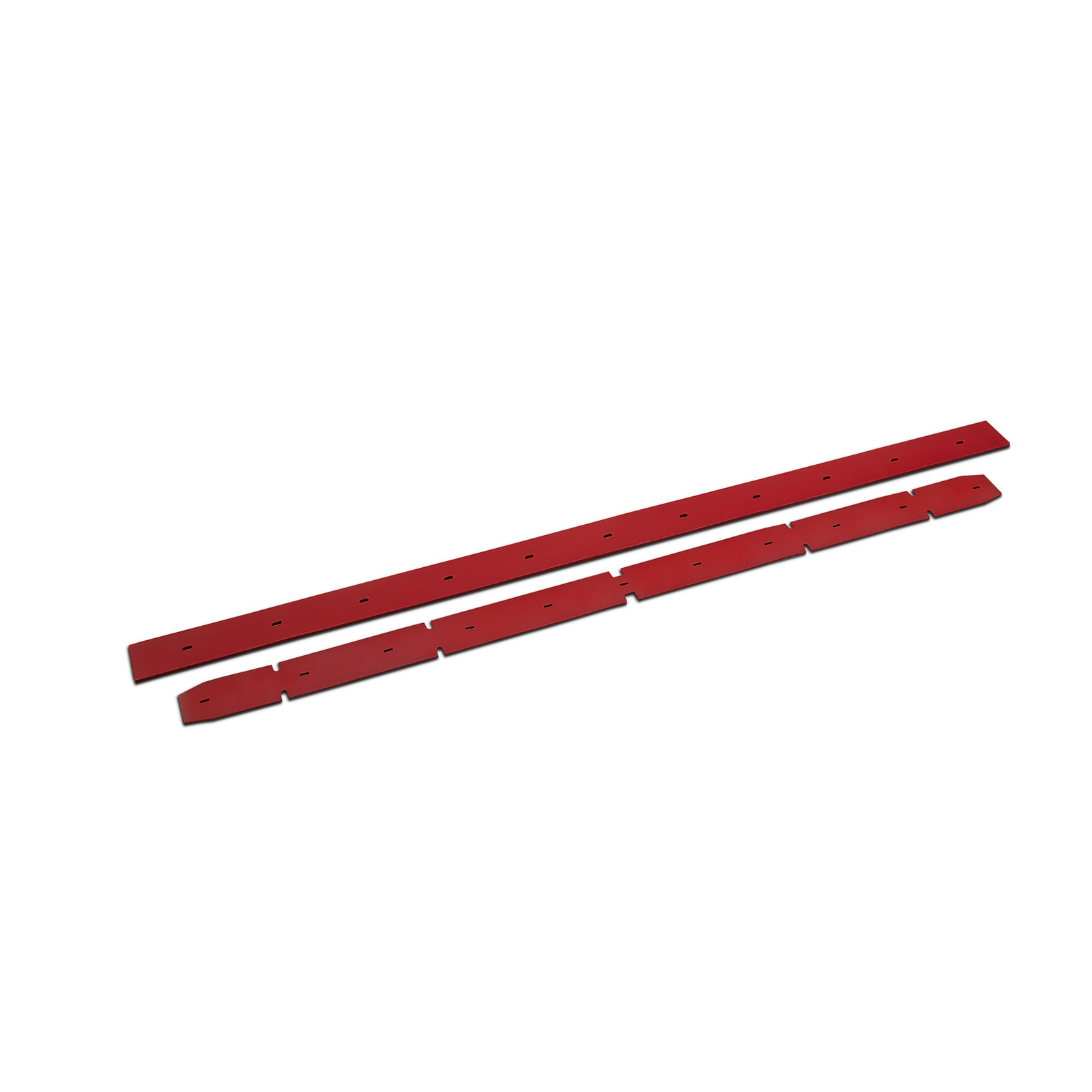 Two red metal strips with evenly spaced holes, laid parallel on a white background. Two red metal strips with evenly spaced holes, laid parallel on a white background.