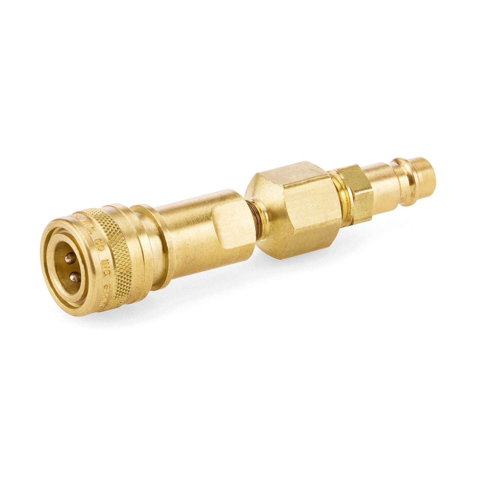 Brass quick-connect coupling with textured grip and hexagonal nut, shown on a white background.