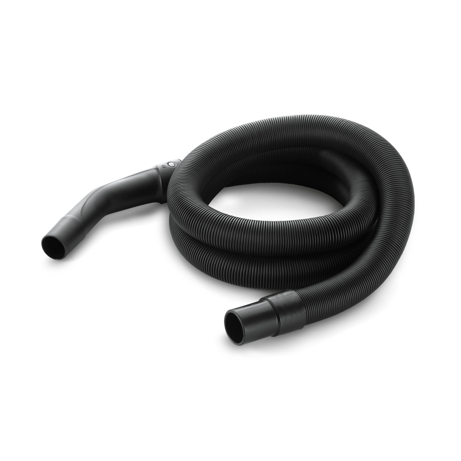 Black Kärcher vacuum cleaner hose coiled on a white surface, featuring a curved nozzle and ribbed texture.