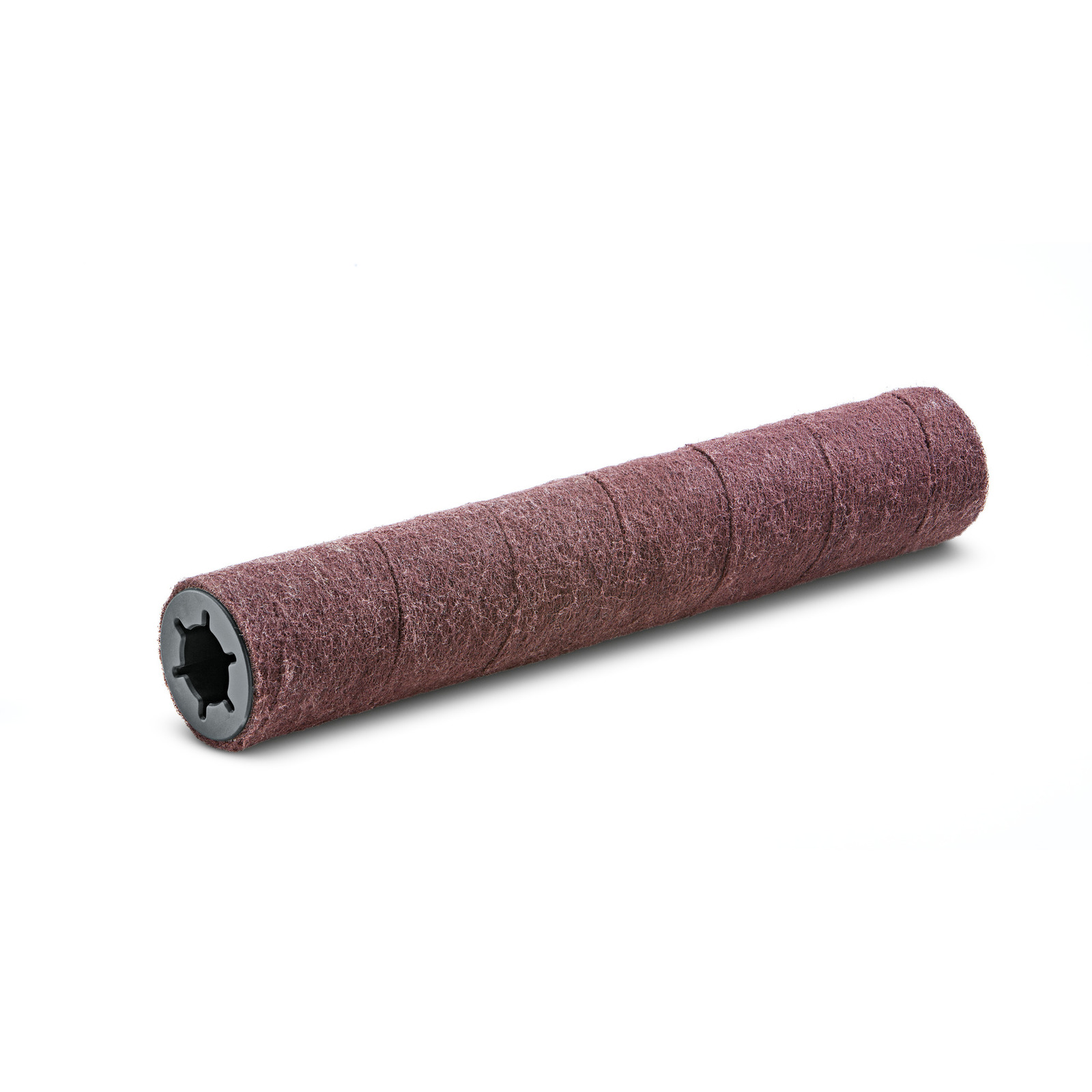 Brown cylindrical brush roller with textured surface and black plastic core, isolated on a white background. Brown cylindrical brush roller with textured surface and black plastic core, isolated on a white background.