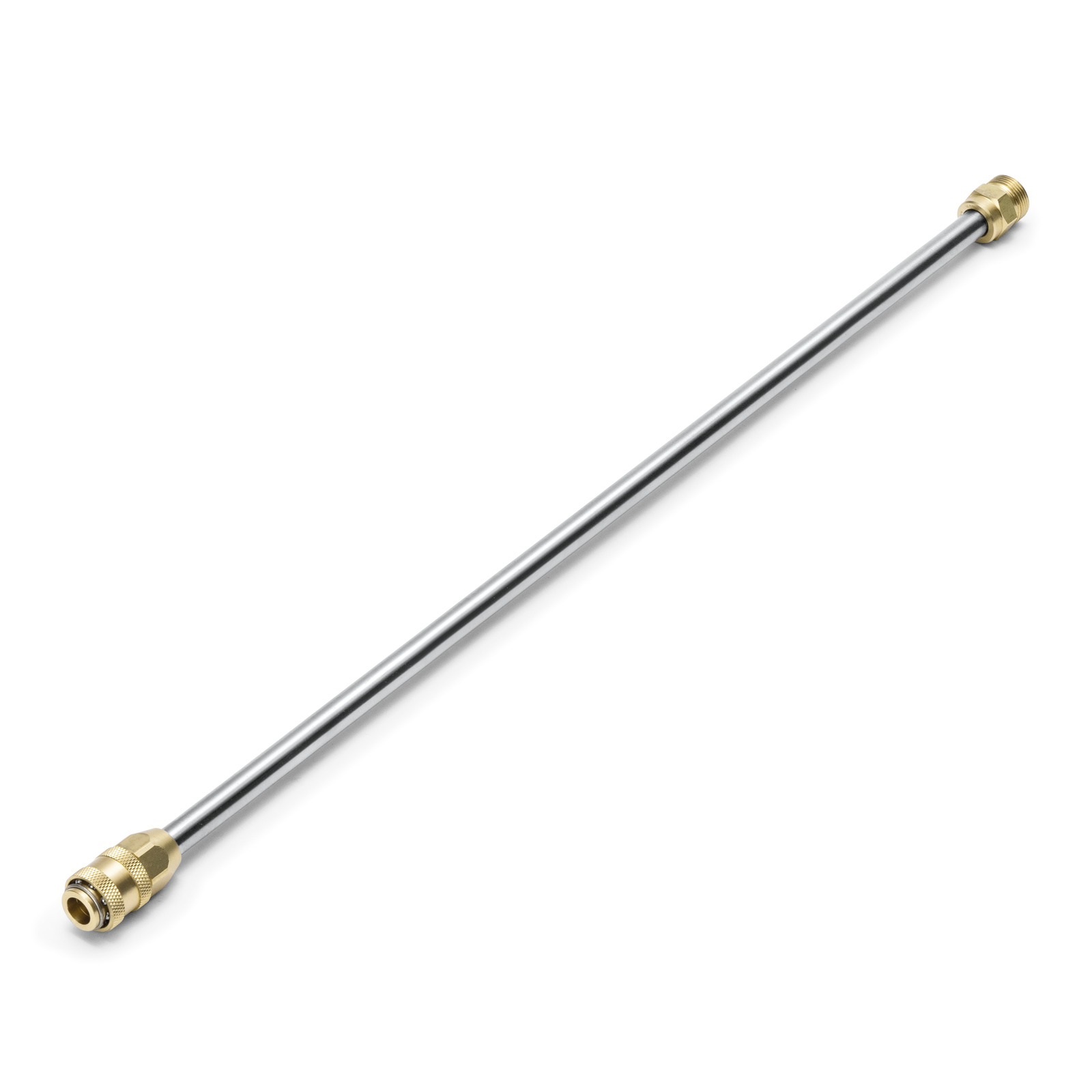 Silver extension tube with brass connectors at both ends, isolated on a white background.