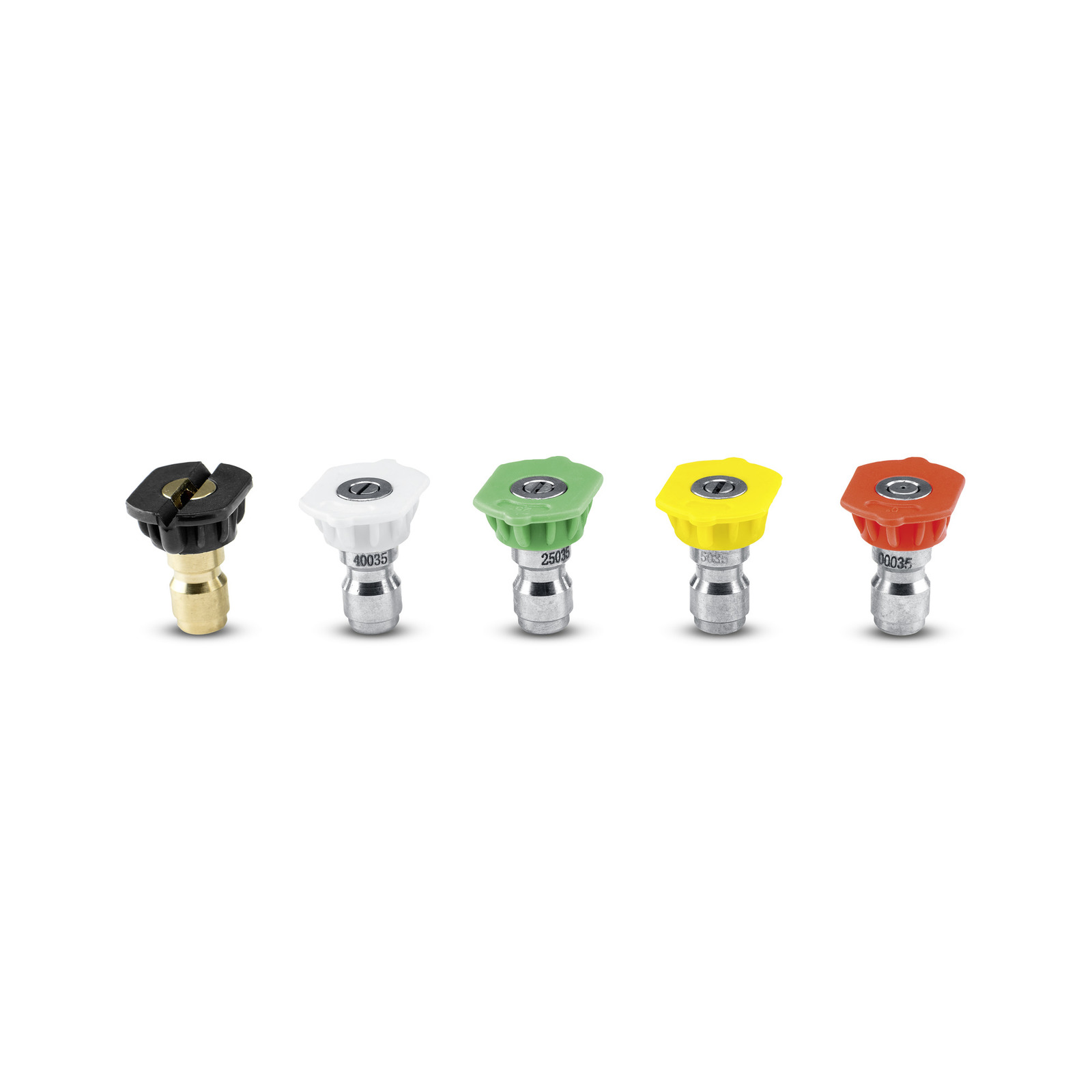 Five Kärcher pressure washer nozzles in black, white, green, yellow, and red, arranged in a row on a white background.