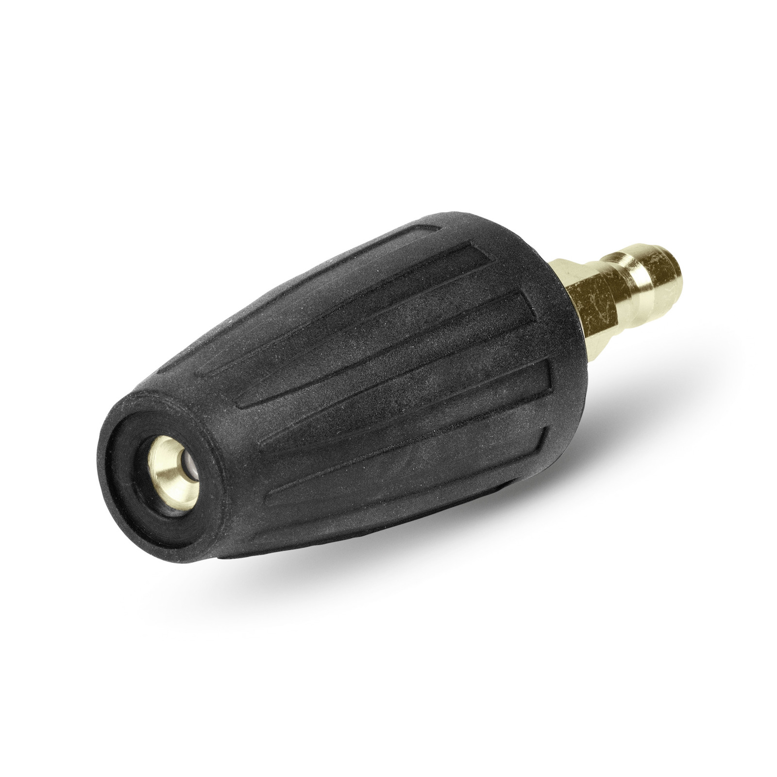 Black Kärcher high-pressure cleaner nozzle with brass connector, isolated on white background. Black Kärcher high-pressure cleaner nozzle with brass connector, isolated on white background.