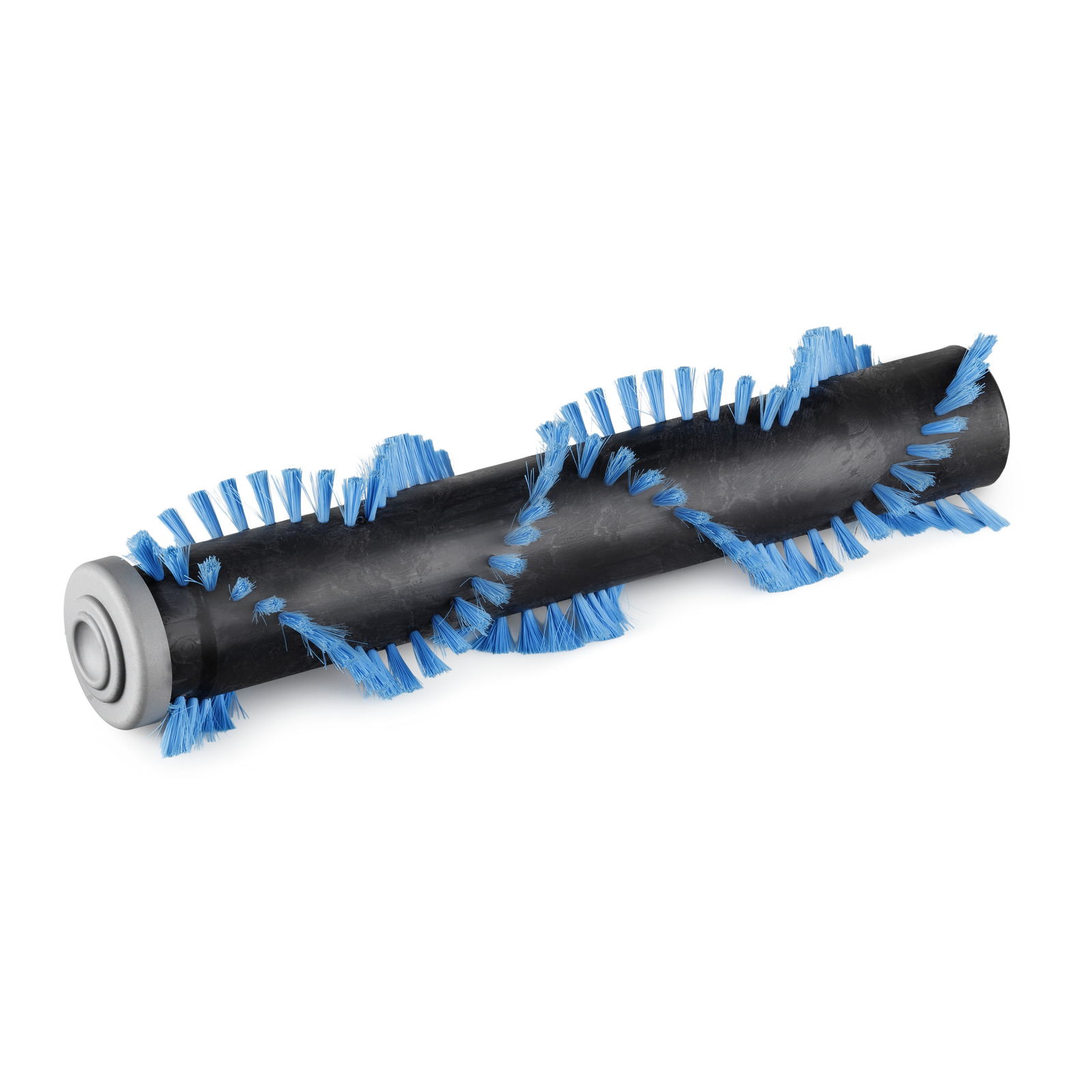 Black brush roller with blue spiral bristles and a grey end cap, isolated on a white background.