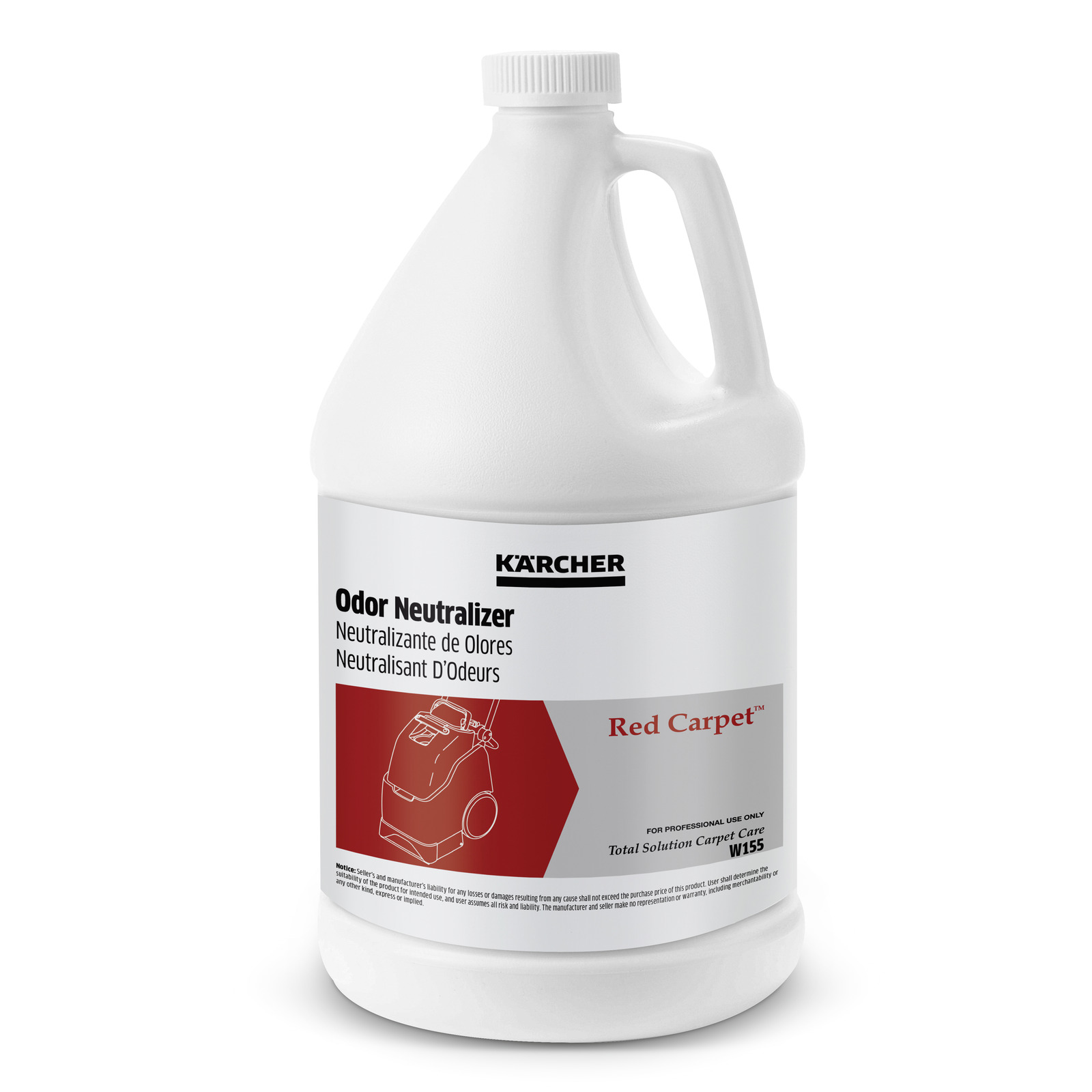 Kärcher Odor Neutralizer bottle with red label, featuring a carpet cleaner illustration. Kärcher Odor Neutralizer bottle with red label, featuring a carpet cleaner illustration.