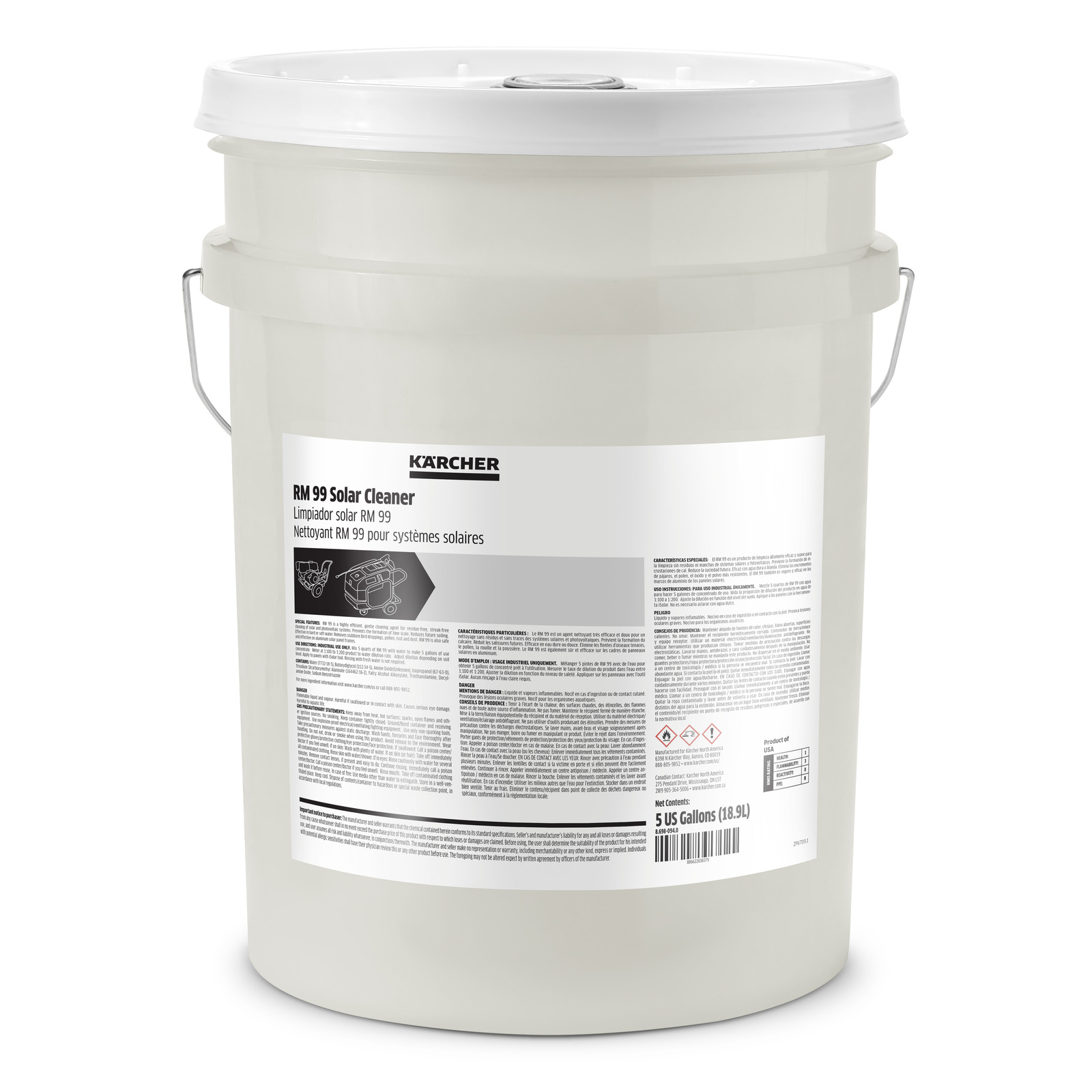 White Kärcher RM 99 Solar Cleaner bucket with handles and detailed label text.