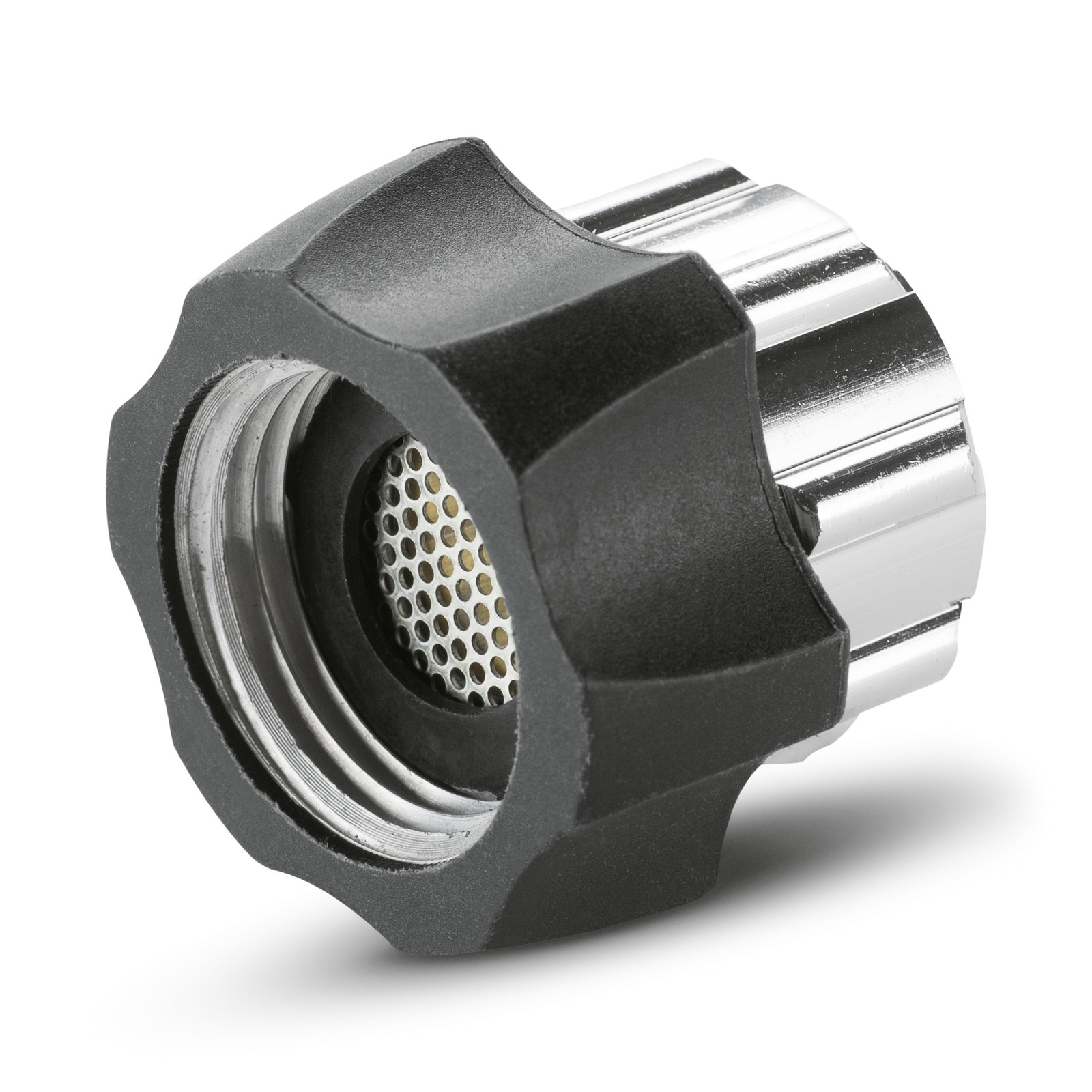 Black and silver Kärcher hose connector with a mesh filter inside, shown on a white background.