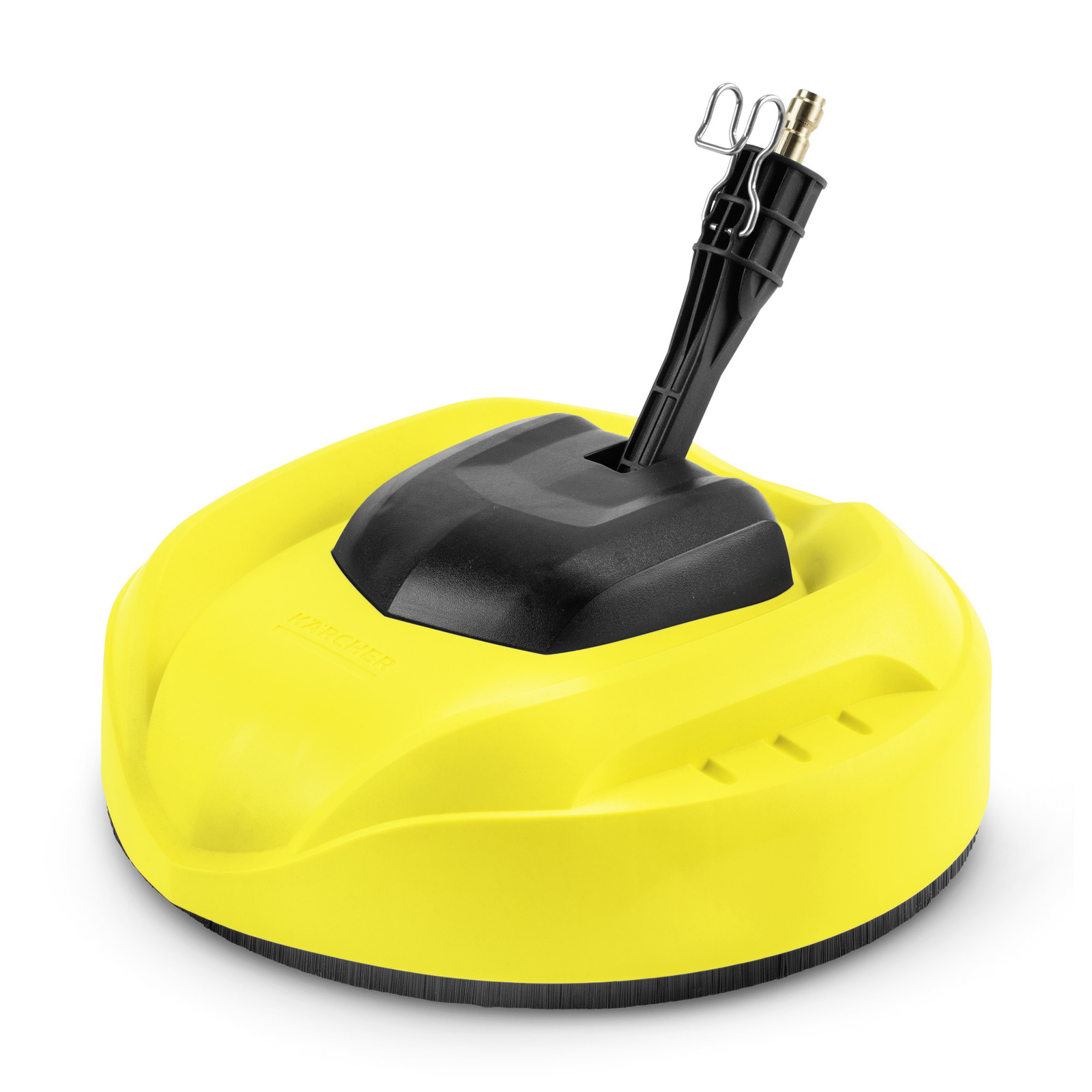 Yellow Kärcher surface cleaner with black handle attachment, isolated on white background. Yellow Kärcher surface cleaner with black handle attachment, isolated on white background.