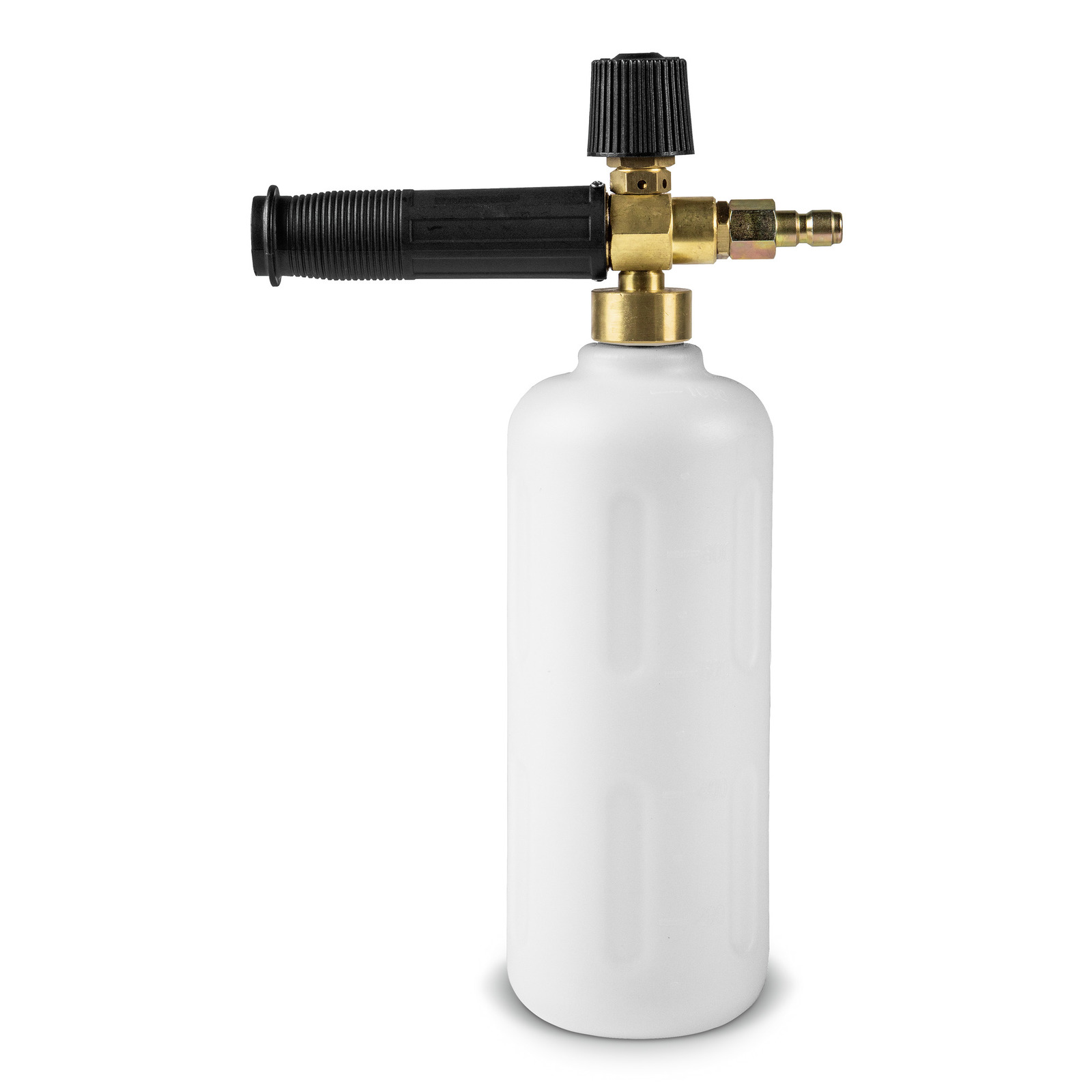 Foam nozzle with a white container and black handle, featuring brass fittings. Foam nozzle with a white container and black handle, featuring brass fittings.