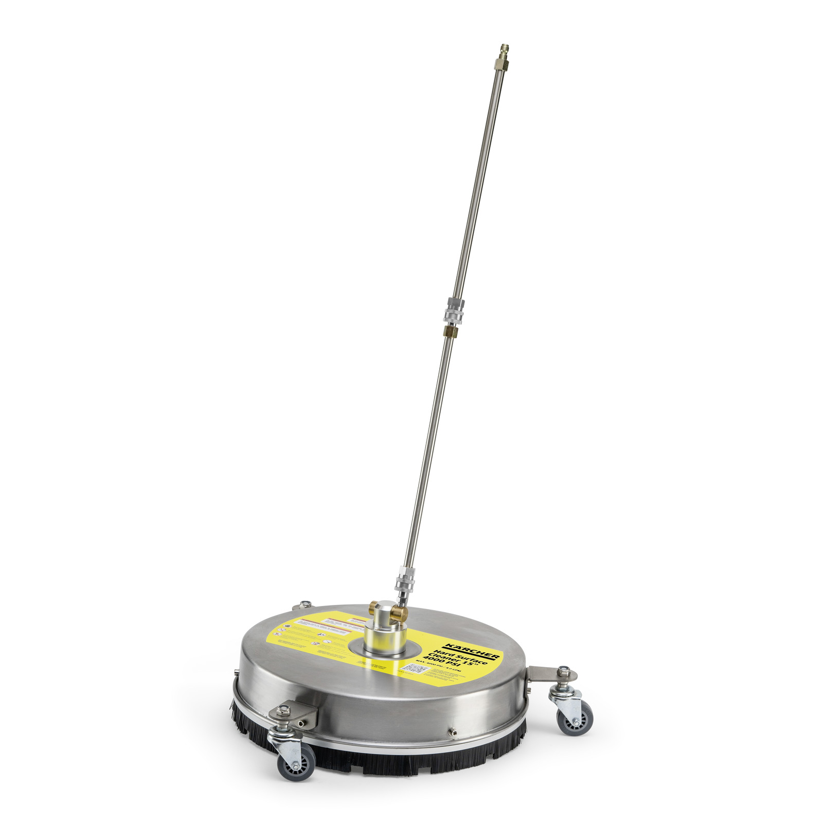Kärcher surface cleaner with stainless steel body, yellow label, and four caster wheels.