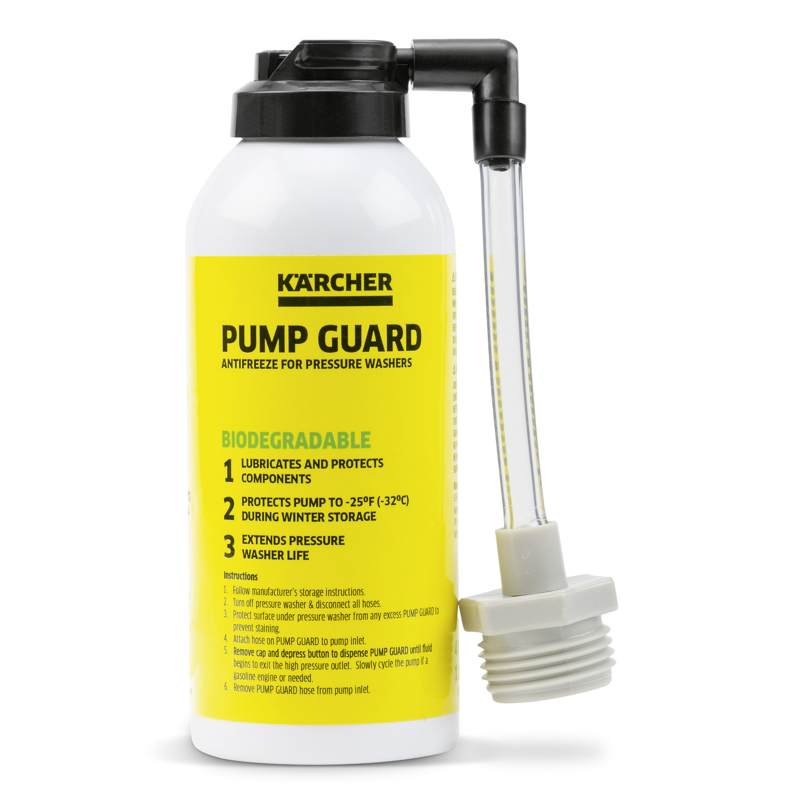 Kärcher Pump Guard antifreeze bottle with attached hose, featuring biodegradable protection for pressure washers. Kärcher Pump Guard antifreeze bottle with attached hose, featuring biodegradable protection for pressure washers.