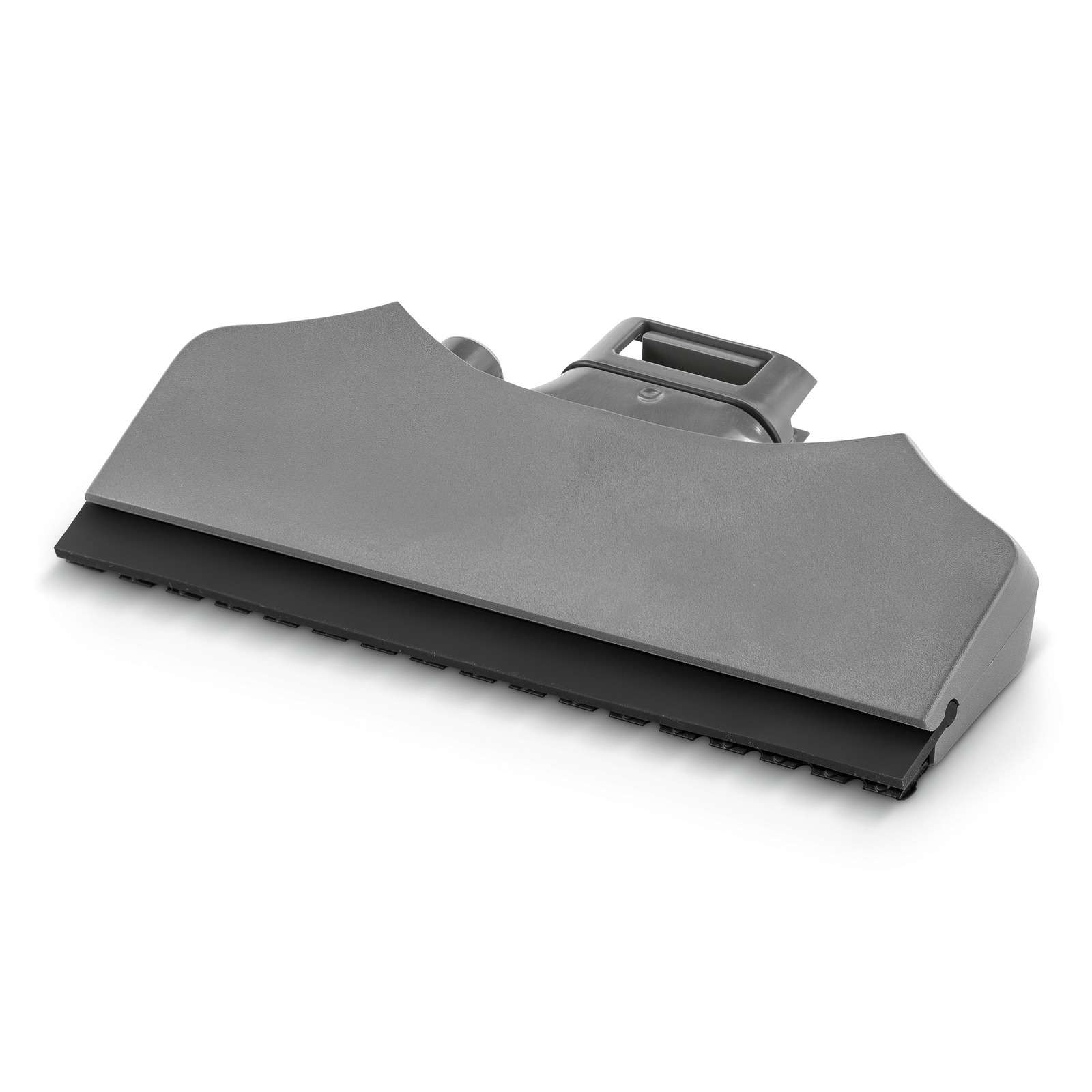 Grey Kärcher floor nozzle attachment with a rectangular design and a handle on top, viewed from a slight angle. Grey Kärcher floor nozzle attachment with a rectangular design and a handle on top, viewed from a slight angle.
