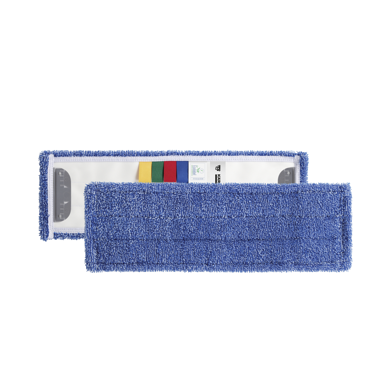 Blue Kärcher microfibre mop pad with coloured tags, partially covering another identical pad on a white background. Blue Kärcher microfibre mop pad with coloured tags, partially covering another identical pad on a white background.