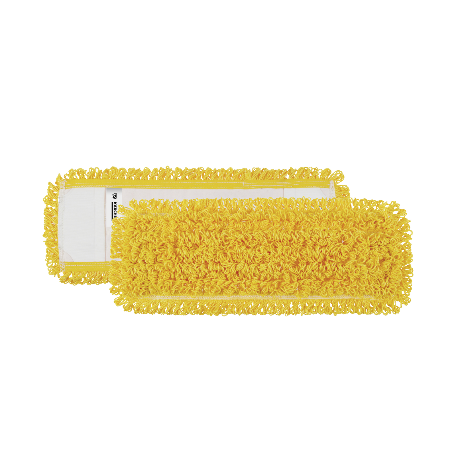 Yellow Kärcher mop head with dense fibres, shown from top and bottom views, against a white background. Yellow Kärcher mop head with dense fibres, shown from top and bottom views, against a white background.