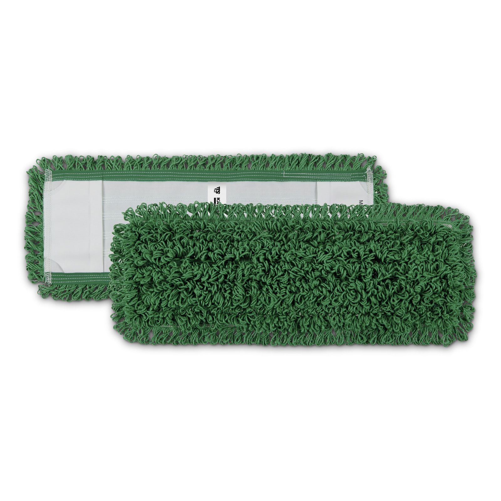 Two green rectangular mop heads with looped yarn texture, one showing the underside with a white label. Two green rectangular mop heads with looped yarn texture, one showing the underside with a white label.