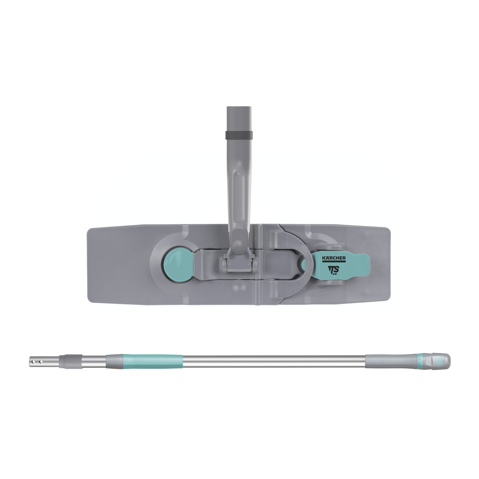 Grey Kärcher mop head with turquoise accents, accompanied by a detachable silver handle.