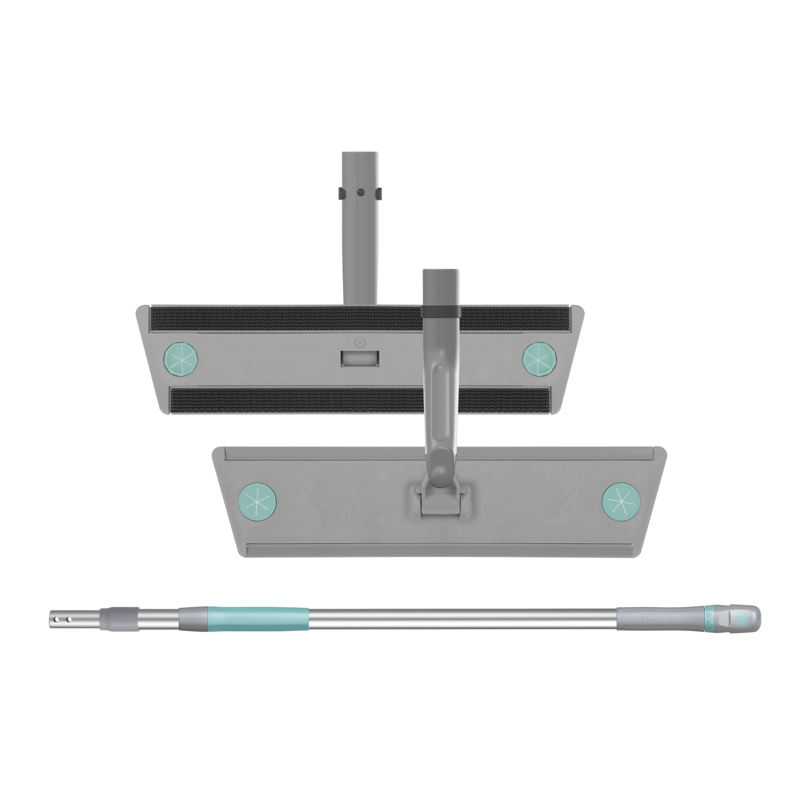 Grey Kärcher mop head with turquoise accents and a detachable handle, shown from top and side views. Grey Kärcher mop head with turquoise accents and a detachable handle, shown from top and side views.