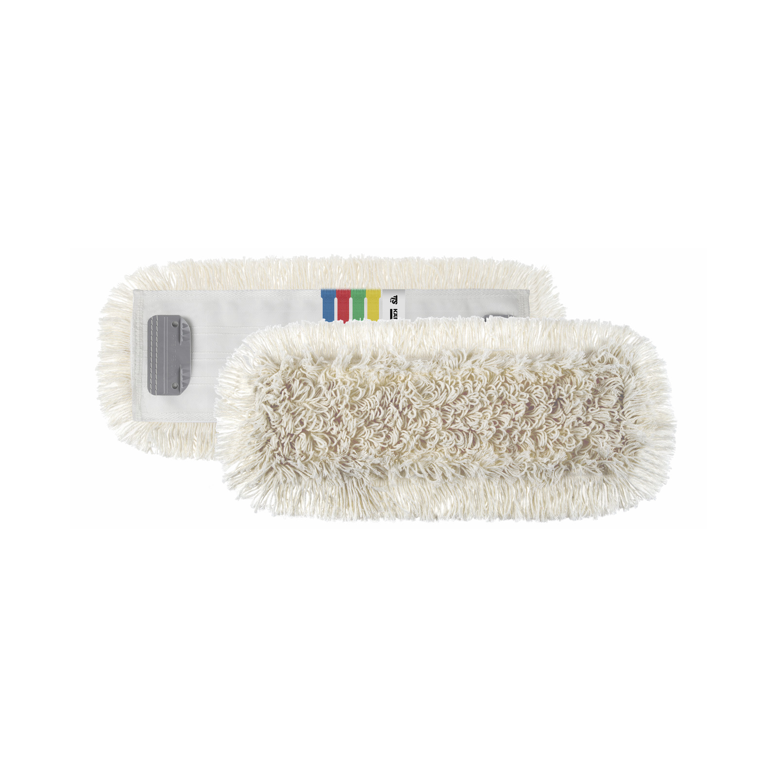 Two white mop heads with fluffy fibres, one showing coloured tags and a grey attachment clip.