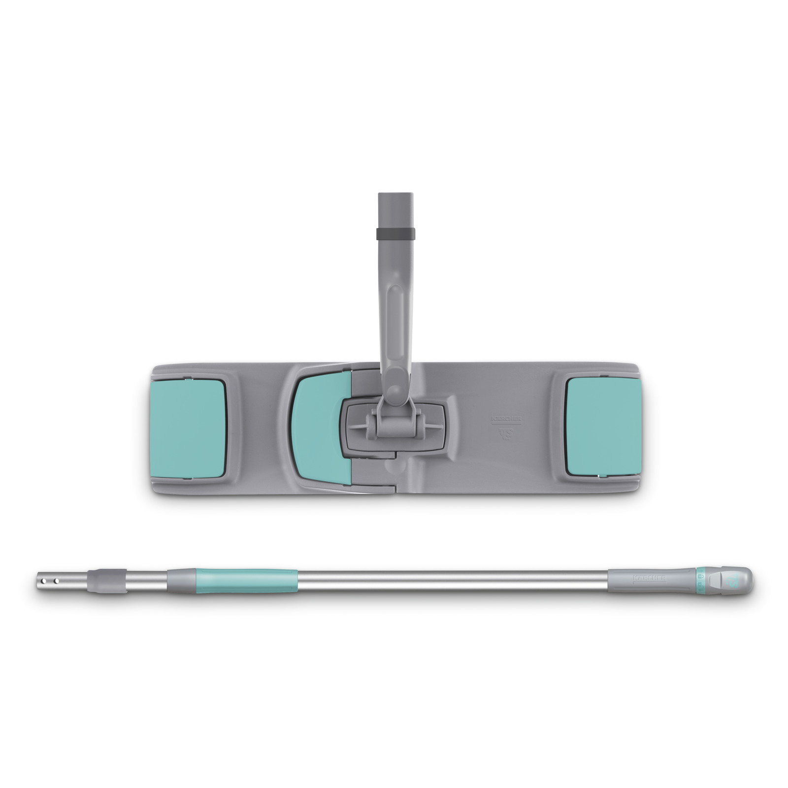 Grey mop head with turquoise pads and a matching telescopic handle, set against a white background. Grey mop head with turquoise pads and a matching telescopic handle, set against a white background.