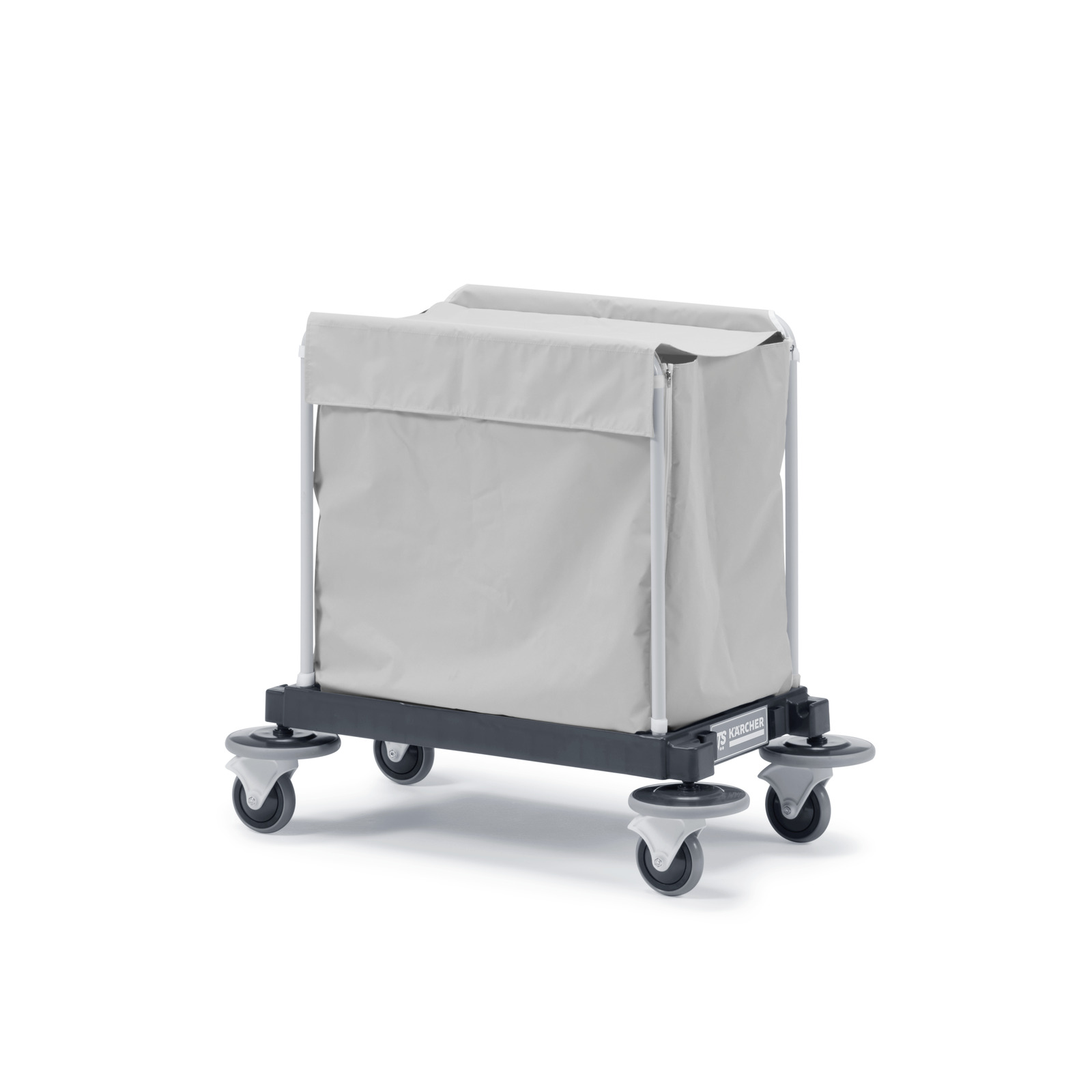 Grey Kärcher cleaning trolley with four swivel wheels and a fabric cover, set against a white background.
