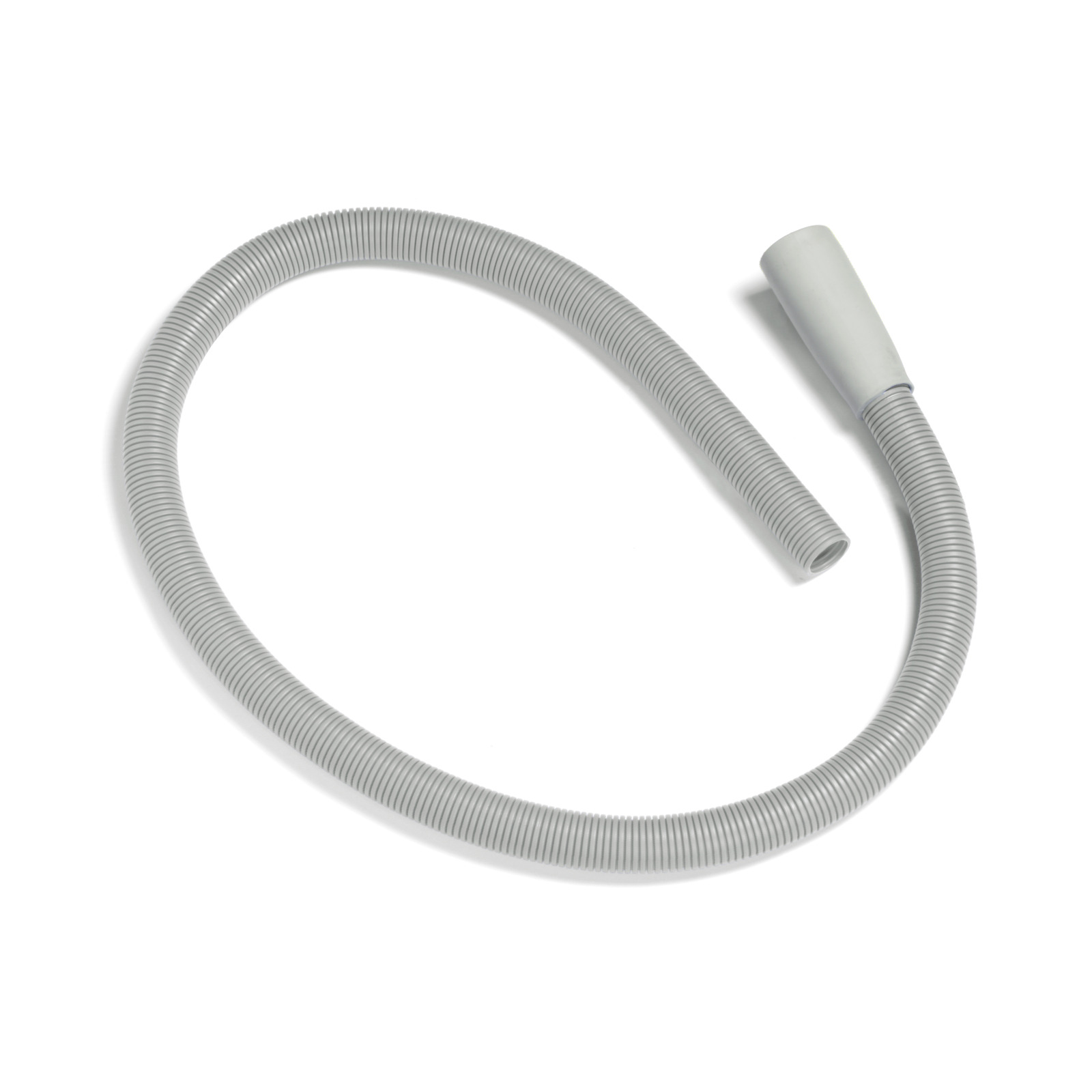 Grey corrugated hose with a tapered end, coiled in a loose loop on a white background. Grey corrugated hose with a tapered end, coiled in a loose loop on a white background.