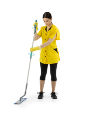 Person in yellow uniform cleaning with a mop, wearing gloves and black shoes, standing on a white background.