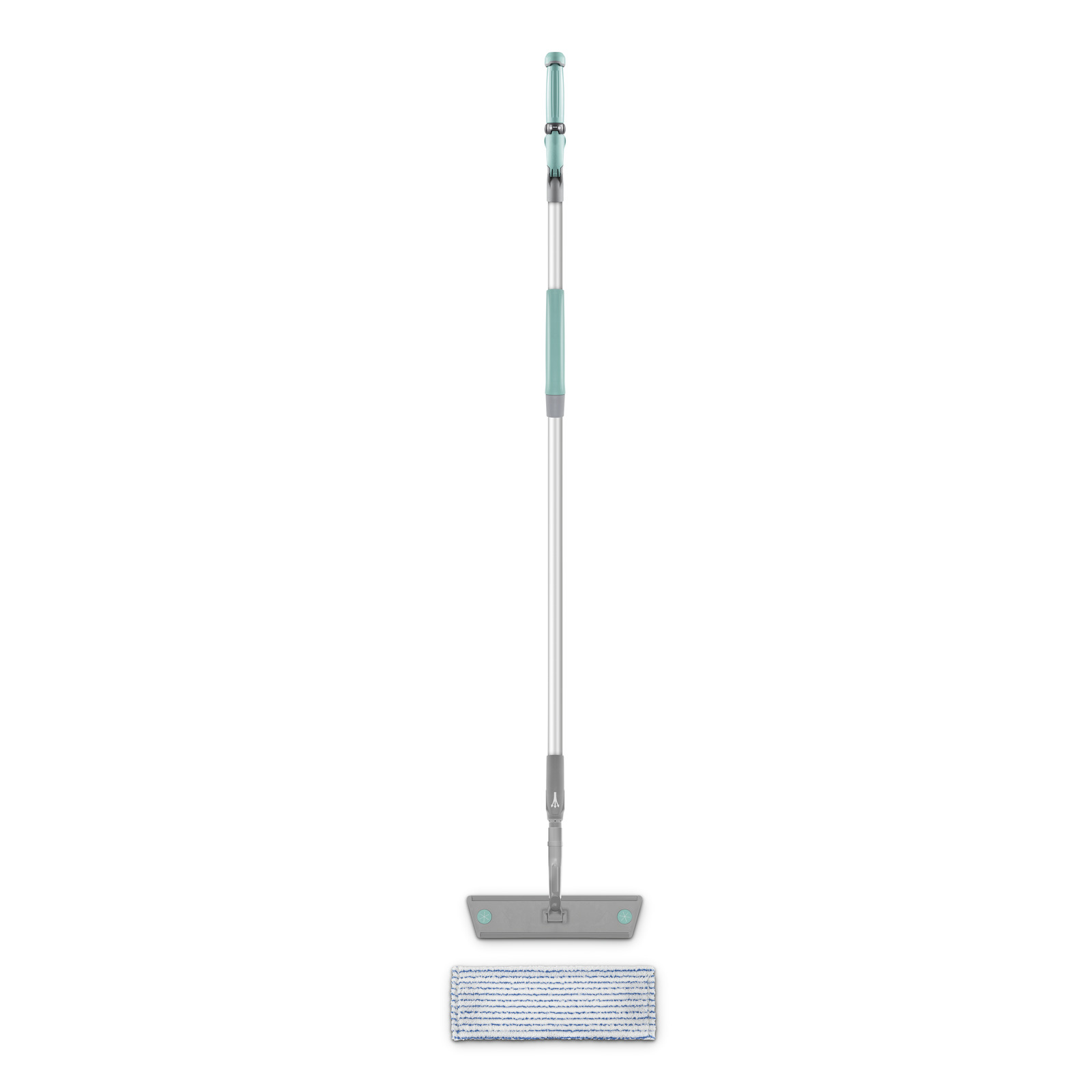 Grey and turquoise flat mop with an extendable handle and a striped cleaning pad.