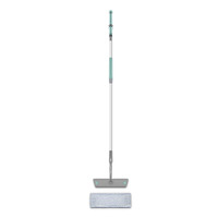 Grey and turquoise flat mop with an extendable handle and a striped cleaning pad.
