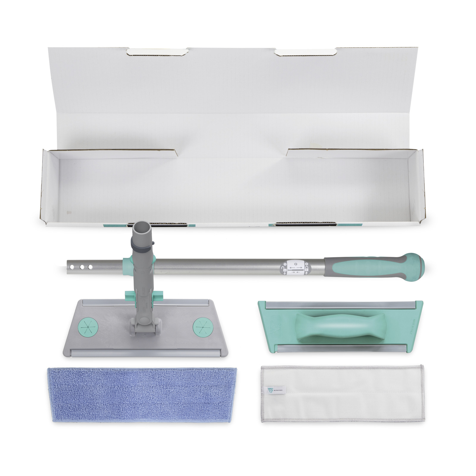Cleaning tool set with handle, mop head, squeegee, blue and white cloths, and packaging box on white background.