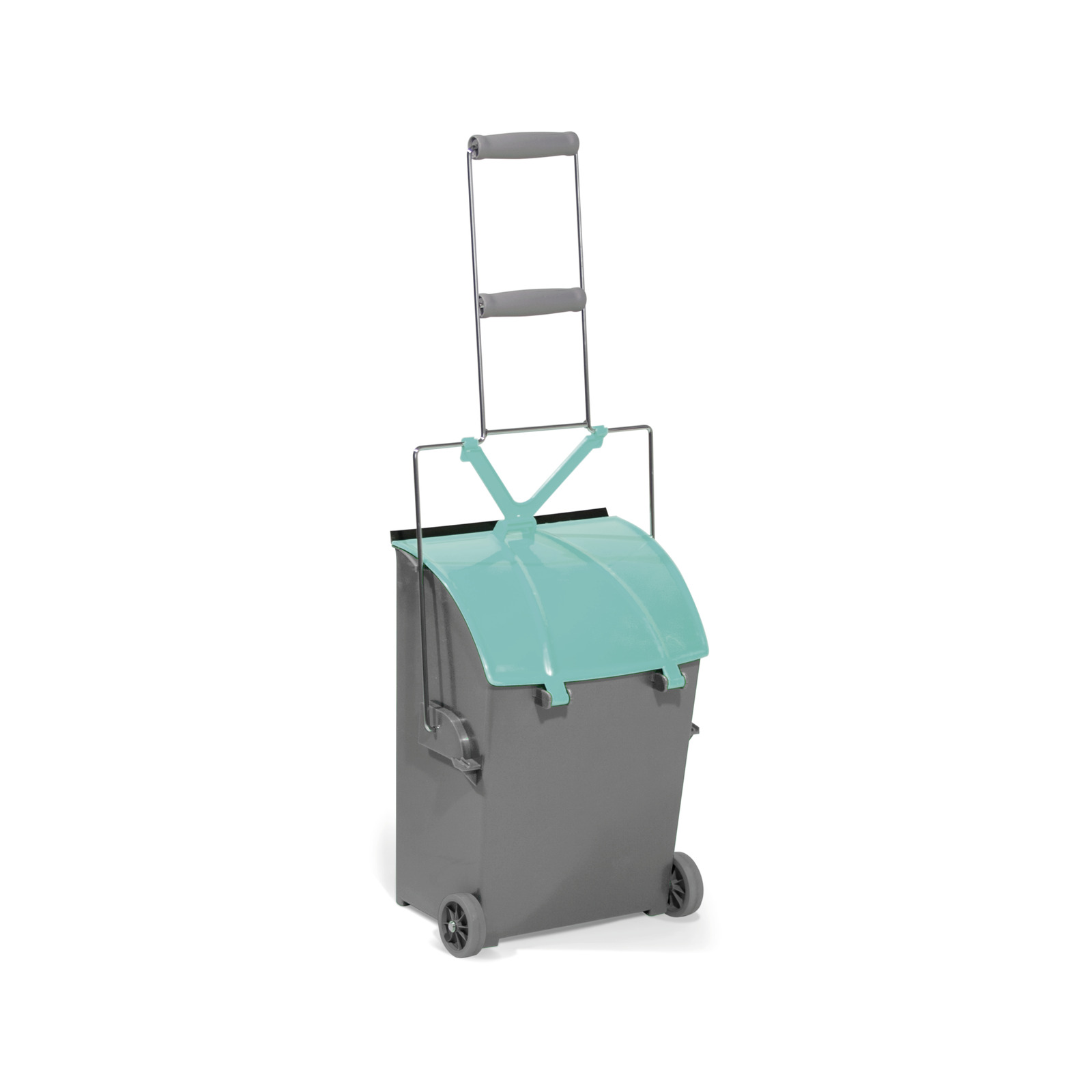 Grey wheeled bin with a turquoise lid and a foldable handle, designed for easy transport. Grey wheeled bin with a turquoise lid and a foldable handle, designed for easy transport.