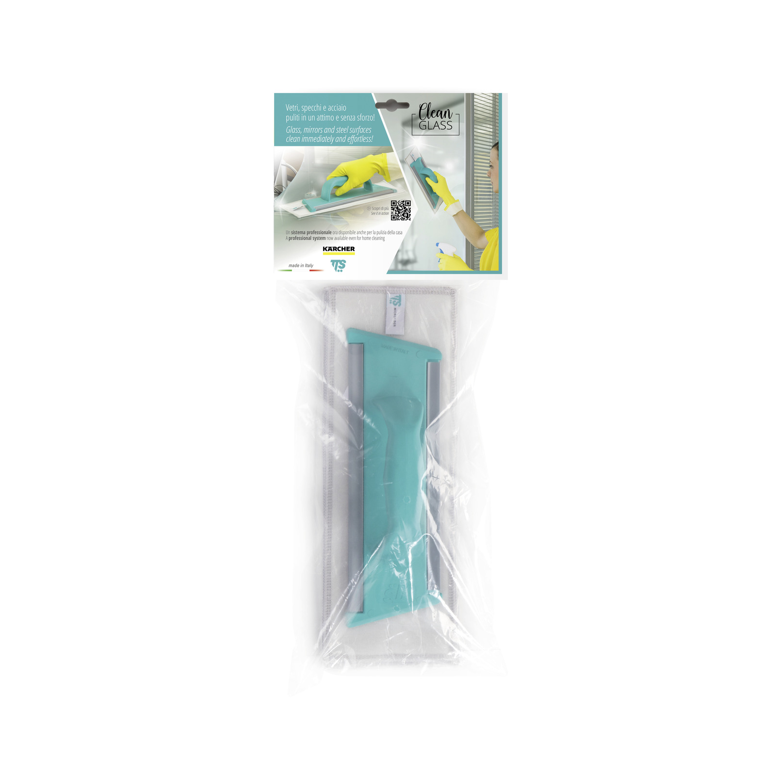 Packaged Kärcher window cleaning tool with turquoise handle, displayed against a white background. Packaged Kärcher window cleaning tool with turquoise handle, displayed against a white background.