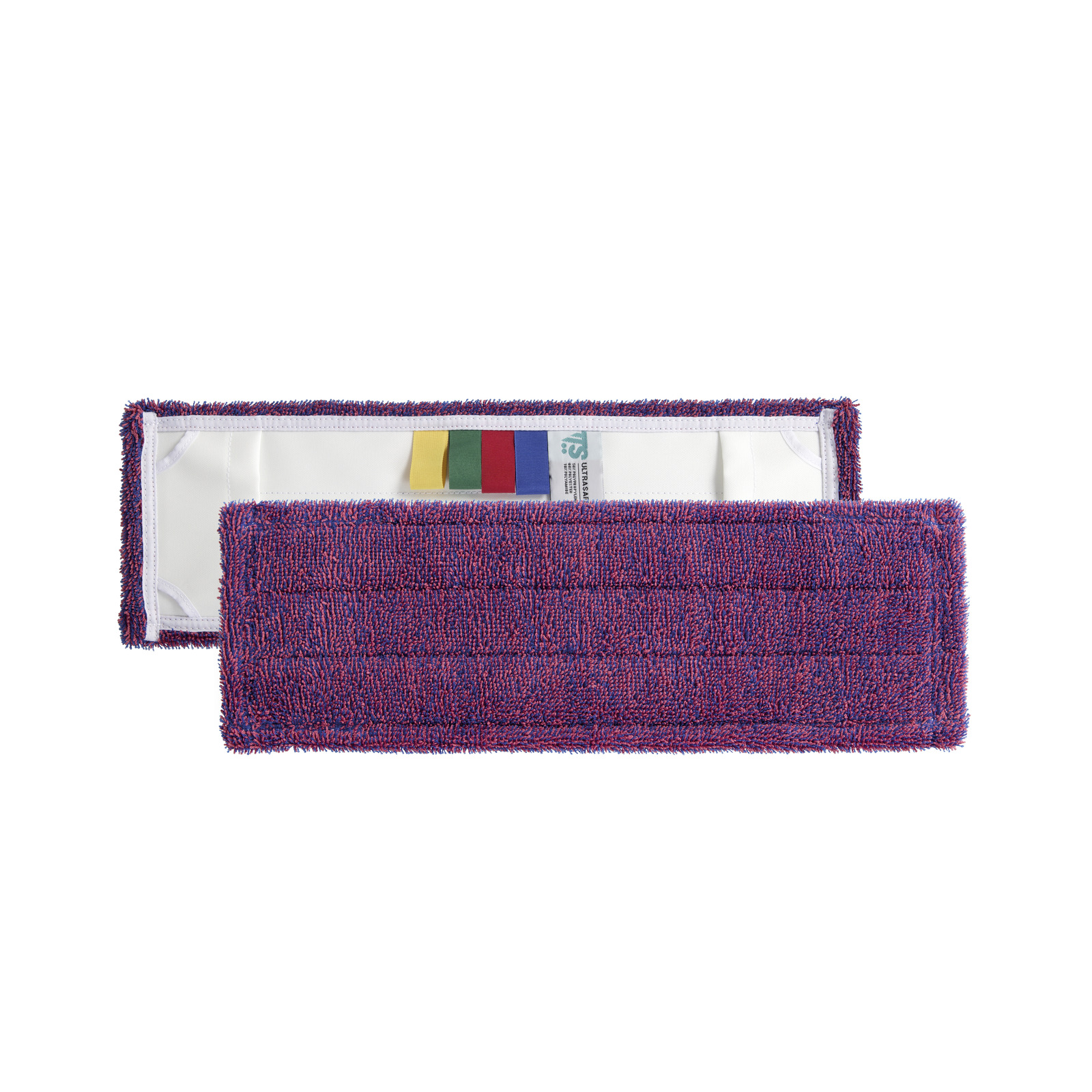 Two rectangular red and blue microfibre mop pads, one showing coloured tags on the reverse side. Two rectangular red and blue microfibre mop pads, one showing coloured tags on the reverse side.