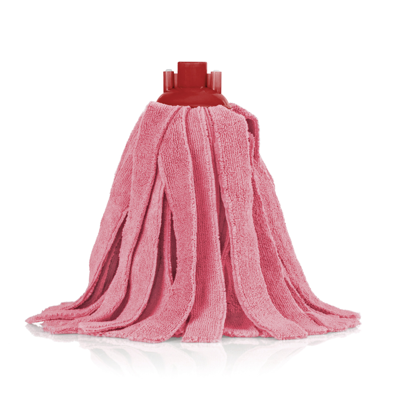 Red mop head with long, pink microfibre strands and a red plastic connector, isolated on a white background. Red mop head with long, pink microfibre strands and a red plastic connector, isolated on a white background.