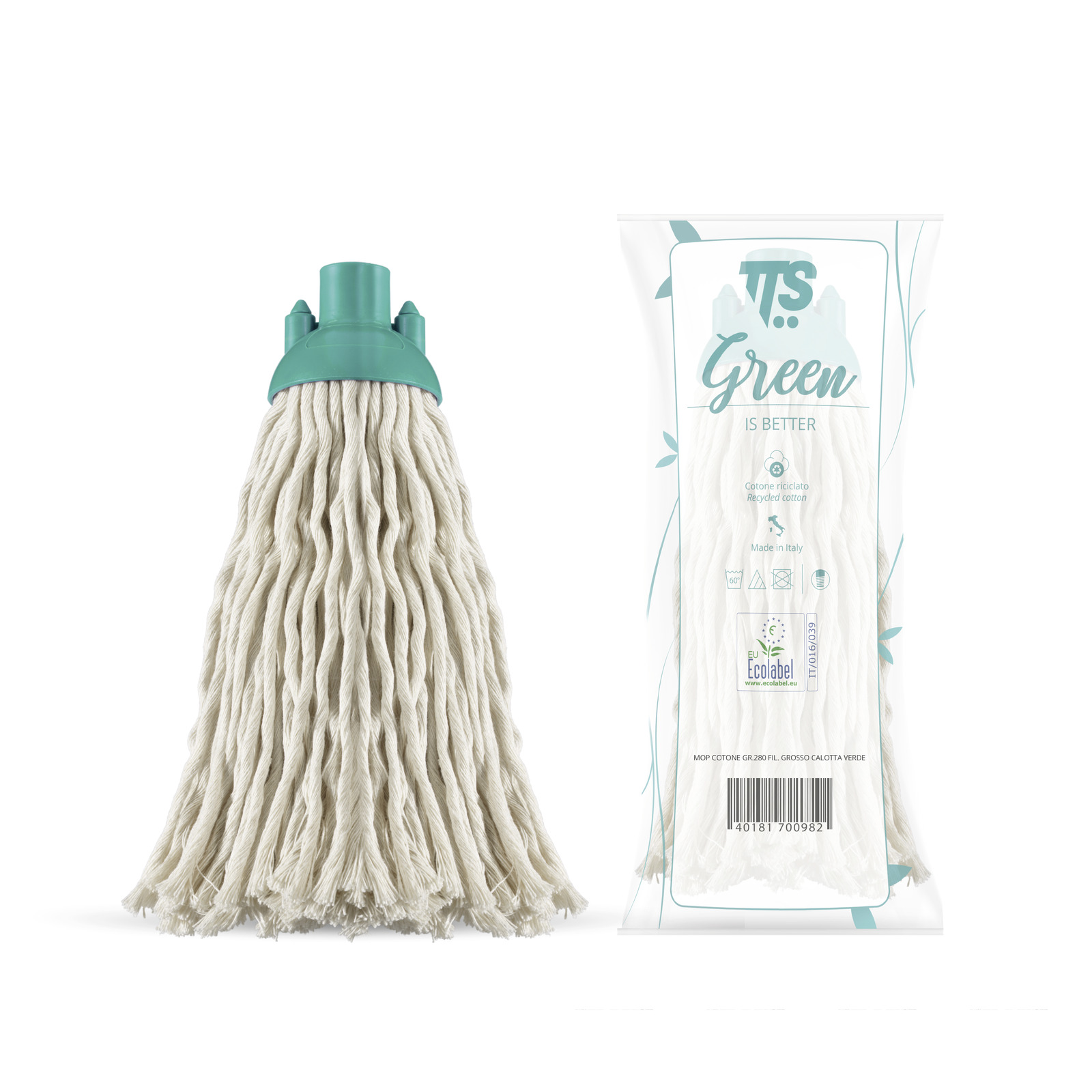 Cotton mop head with green plastic cap next to its packaging, labelled "Green is Better" with eco-friendly symbols. Cotton mop head with green plastic cap next to its packaging, labelled "Green is Better" with eco-friendly symbols.