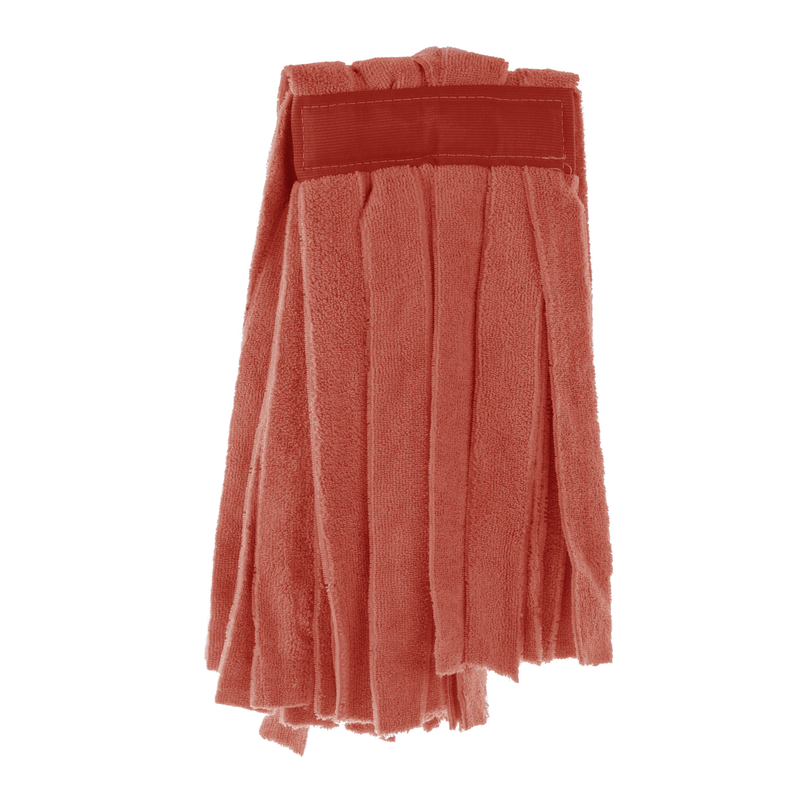 Red microfiber mop head with multiple strips, folded and secured with a stitched band at the top. Red microfiber mop head with multiple strips, folded and secured with a stitched band at the top.