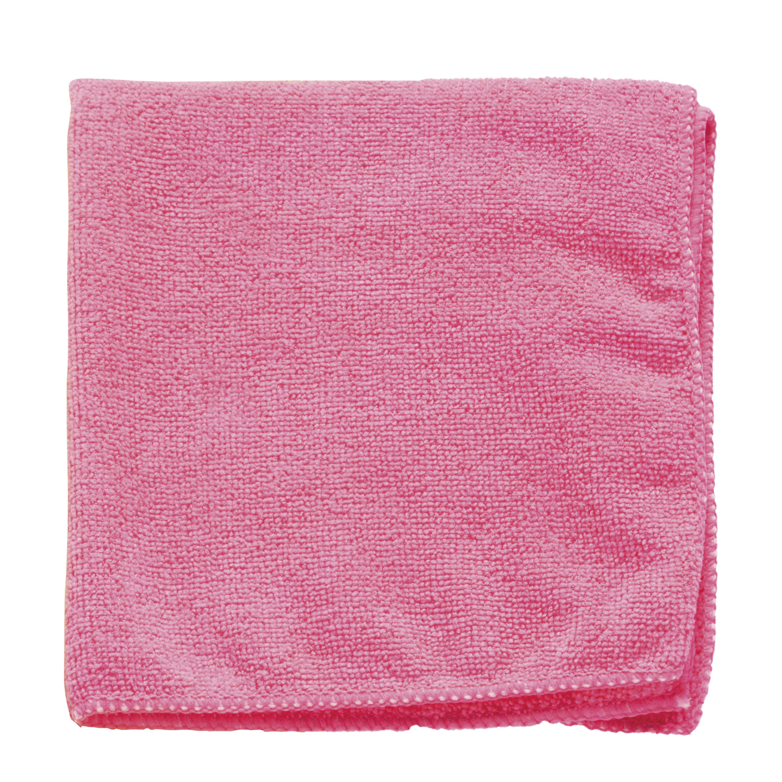 Pink folded microfiber cloth on a white background.