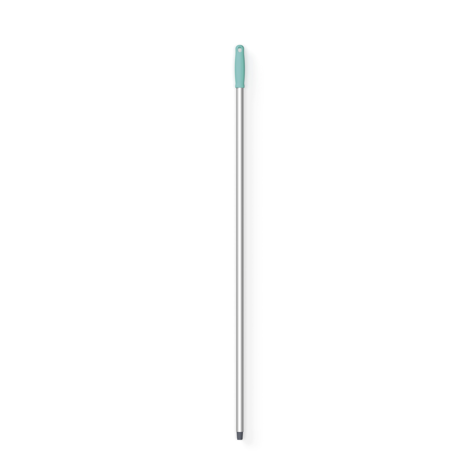 Silver mop handle with a turquoise grip, standing upright against a white background. Silver mop handle with a turquoise grip, standing upright against a white background.