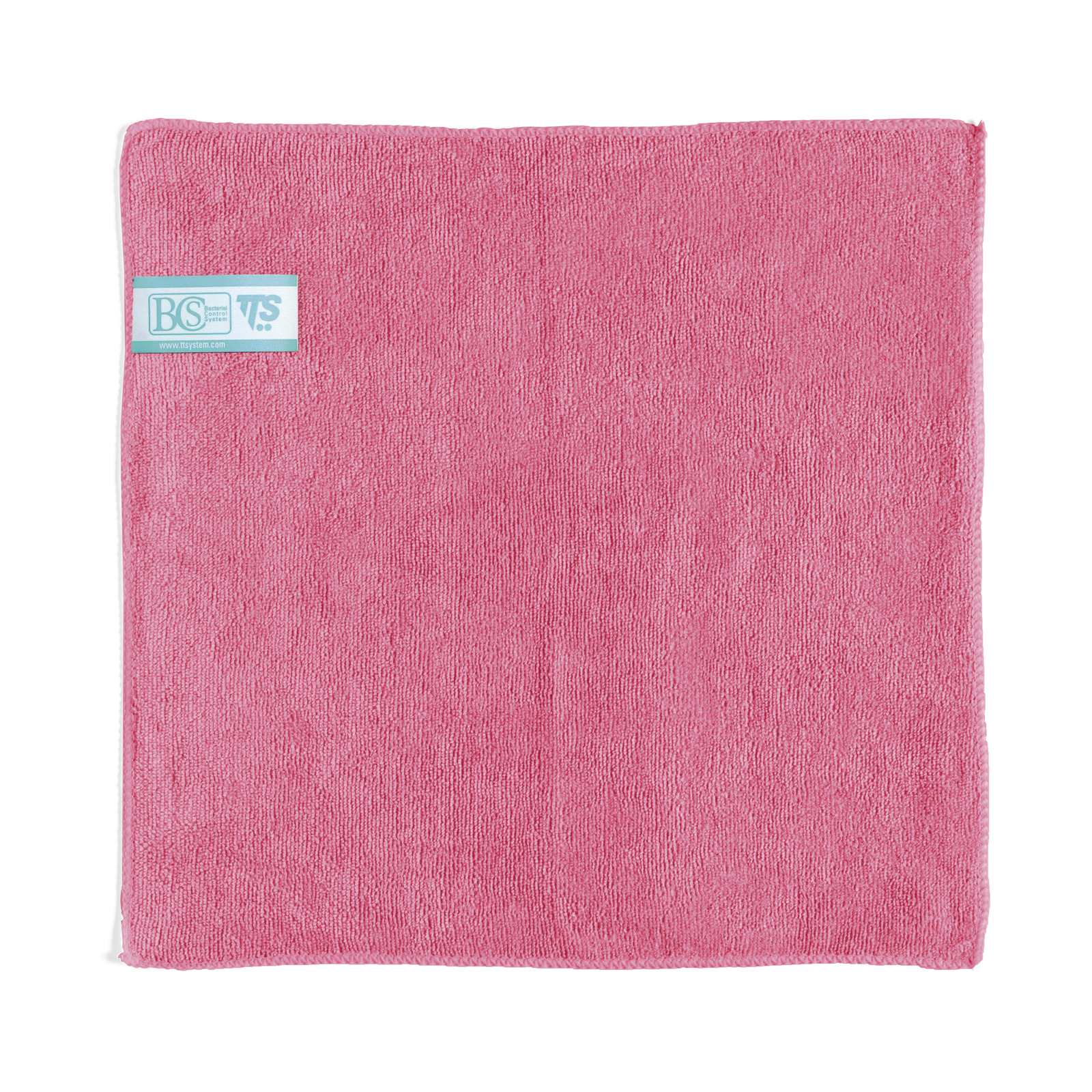 Pink microfiber cloth with a blue label in the top left corner, displayed on a white background.