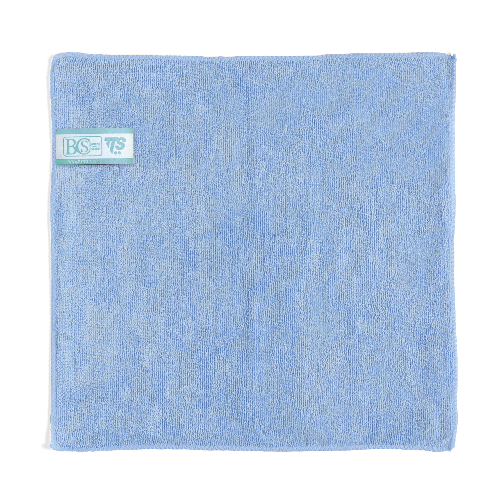 Blue microfiber cloth with a label on the top left corner displaying "BCS" and "TS" logos.