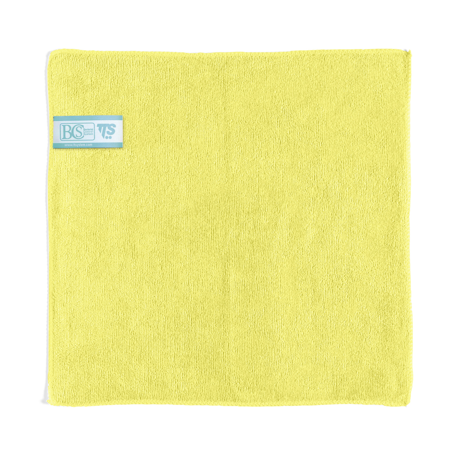 Yellow microfiber cloth with a blue label in the top left corner, displaying brand information.