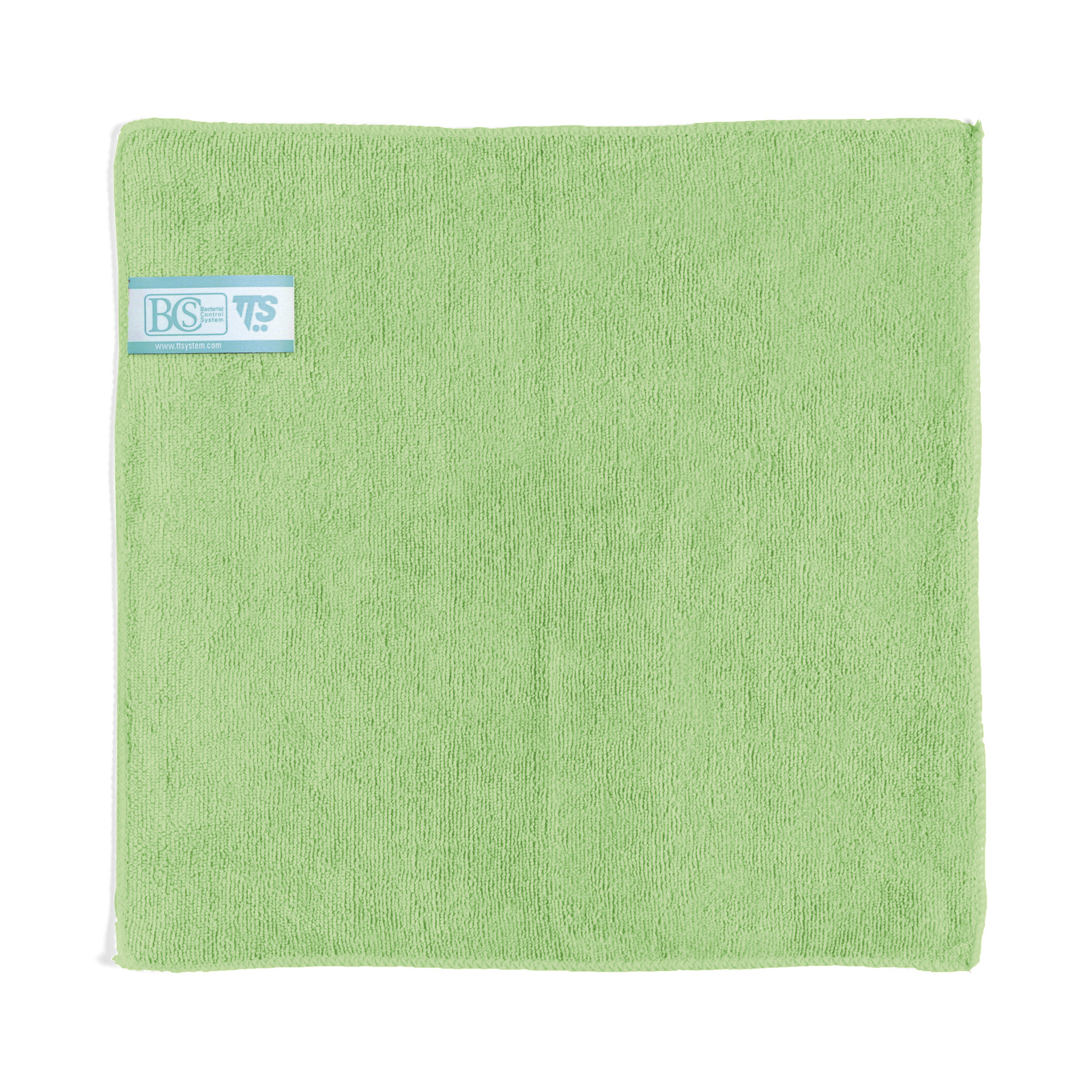 Green microfiber cloth with a blue label in the top left corner, showing the BCS and TTS logos.