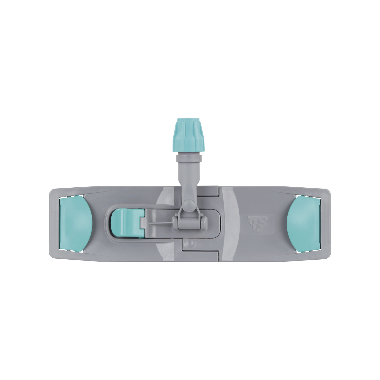 Grey mop head with turquoise clips and a central swivel joint, viewed from above. Grey mop head with turquoise clips and a central swivel joint, viewed from above.