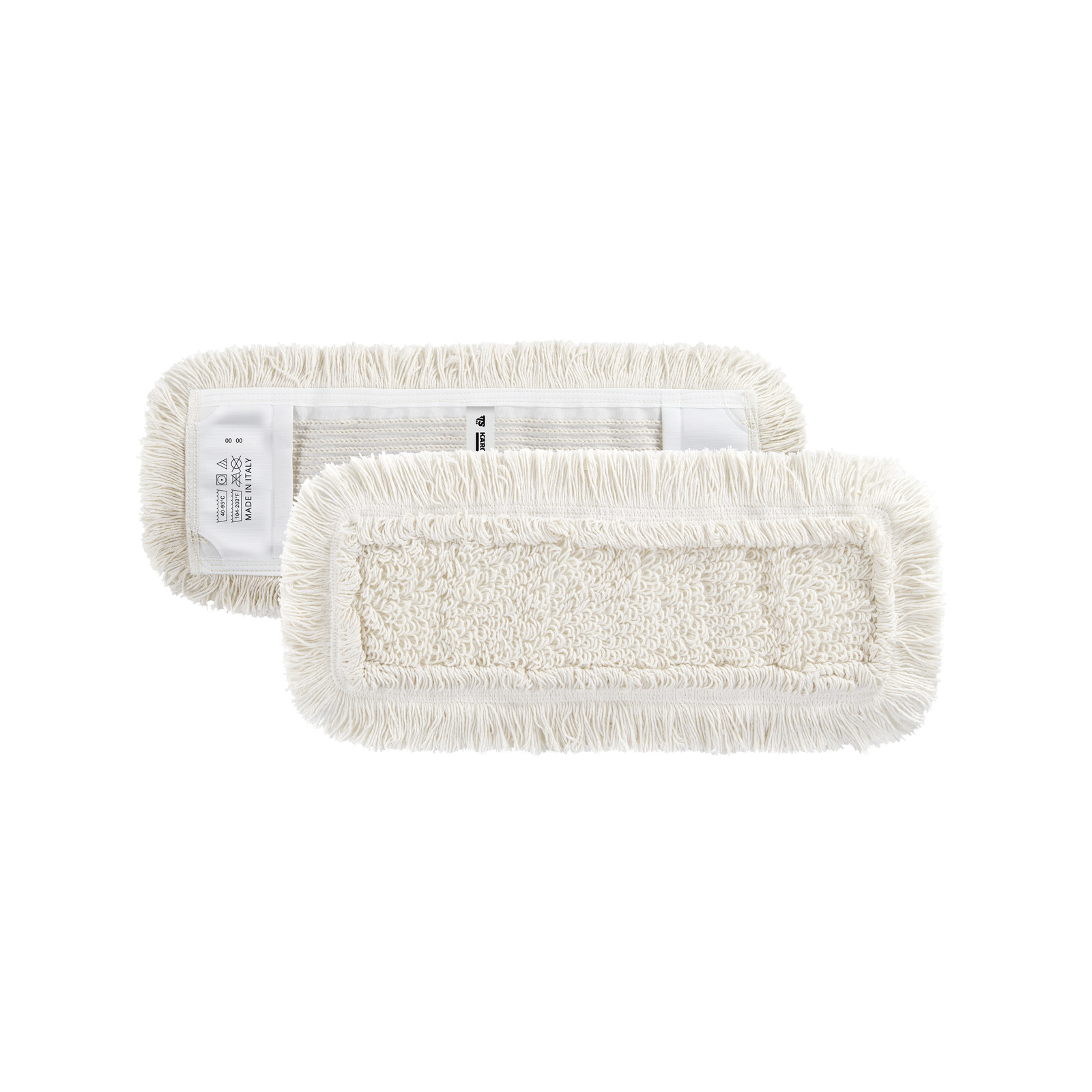 Two rectangular beige mop pads with fringed edges, one overlapping the other, on a white background. Two rectangular beige mop pads with fringed edges, one overlapping the other, on a white background.