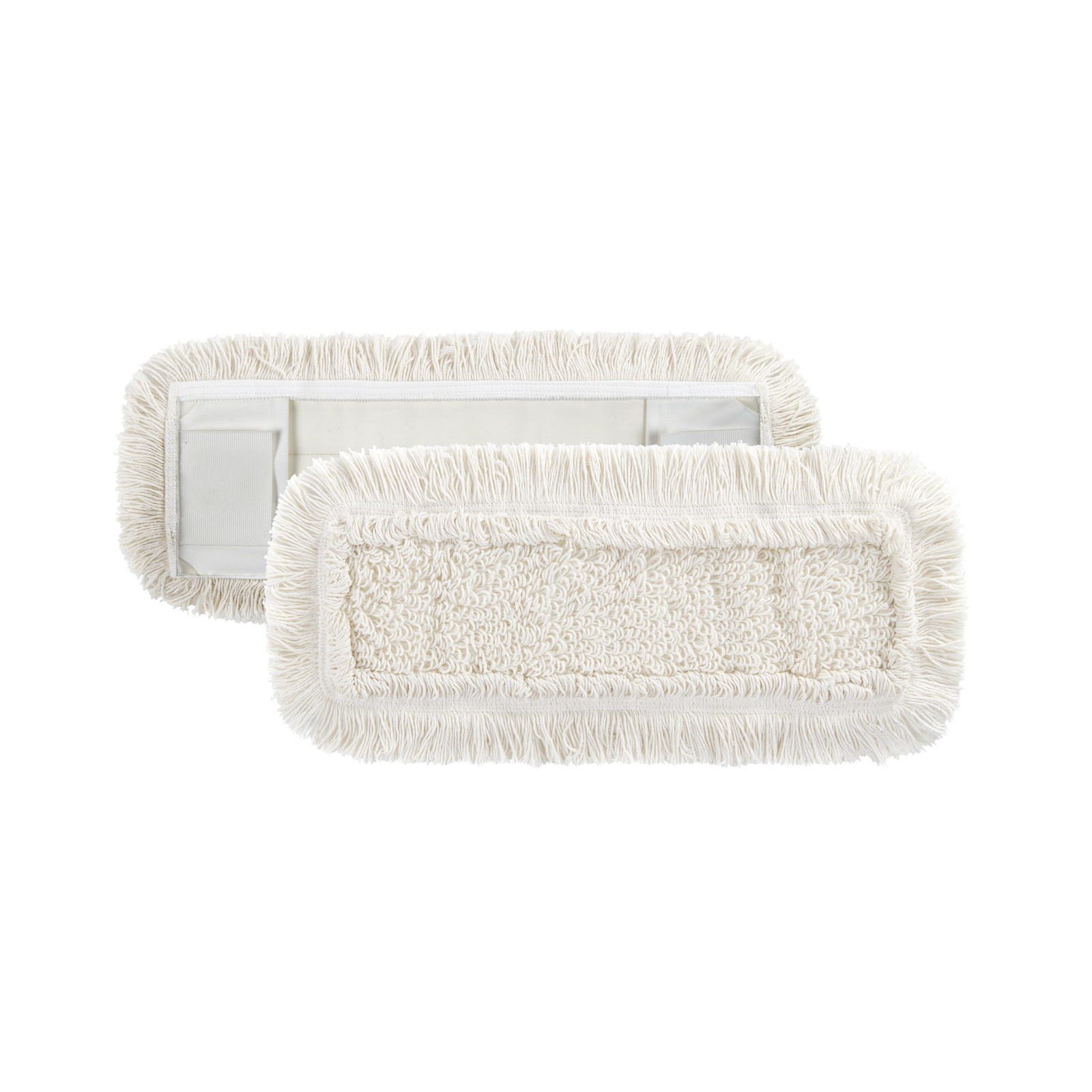 Two white rectangular mop pads with fringed edges, one facing up and the other down, on a plain white background. Two white rectangular mop pads with fringed edges, one facing up and the other down, on a plain white background.