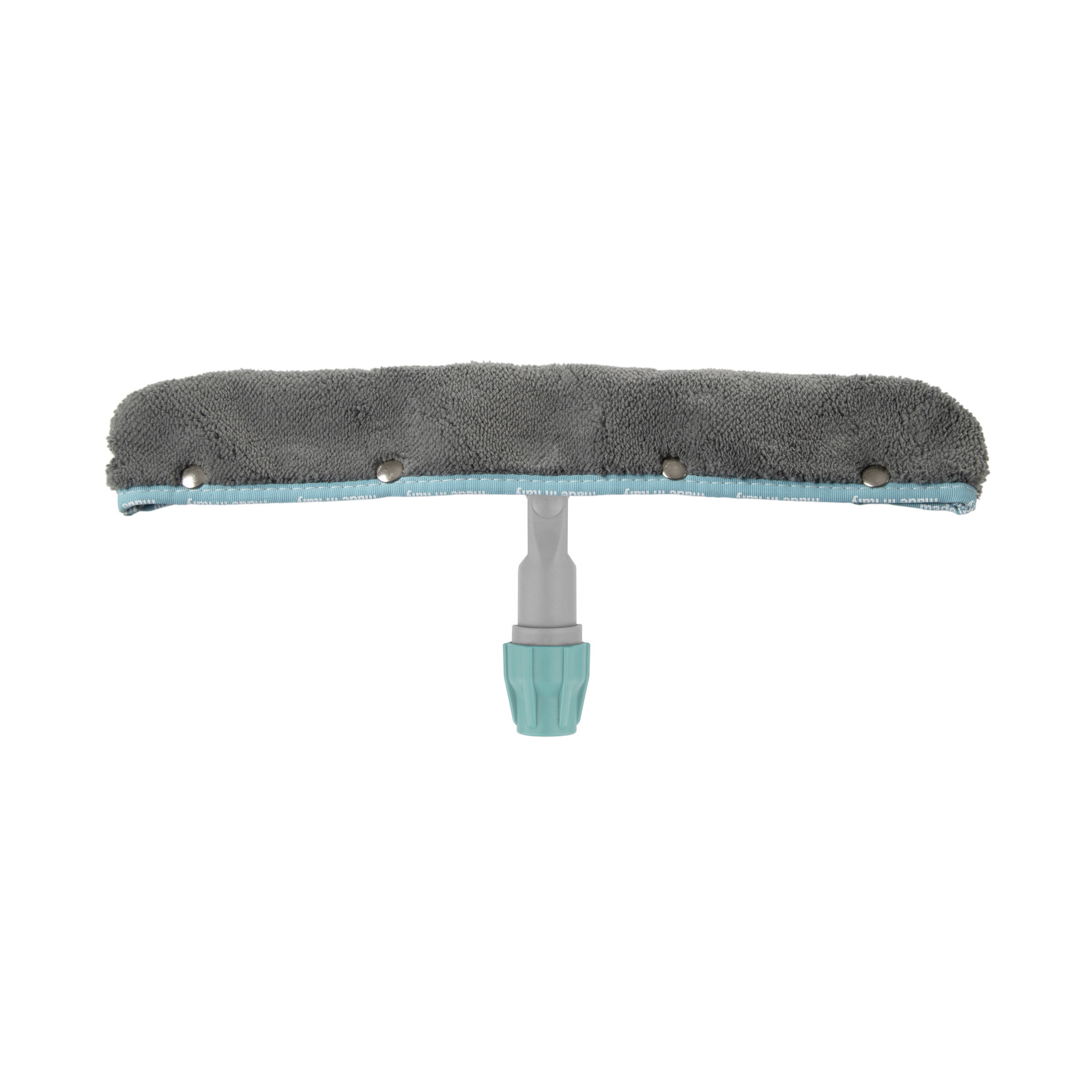 Grey microfiber cleaning pad with turquoise trim attached to a grey handle, isolated on a white background. Grey microfiber cleaning pad with turquoise trim attached to a grey handle, isolated on a white background.