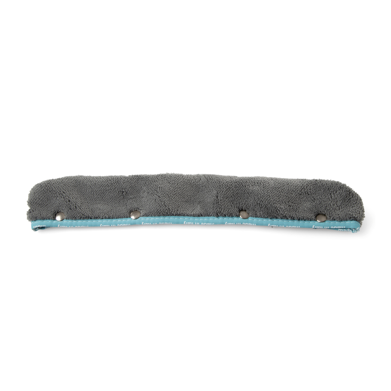 Grey microfiber cleaning pad with teal trim and metal snaps, isolated on a white background. Grey microfiber cleaning pad with teal trim and metal snaps, isolated on a white background.